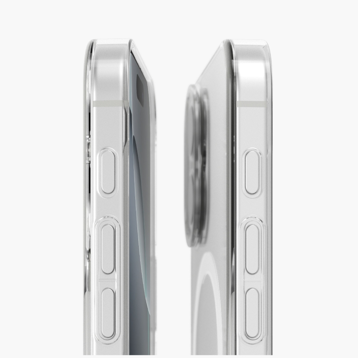 Deux coques de téléphone transparentes côte à côte, montrant les côtés. Fond blanc.