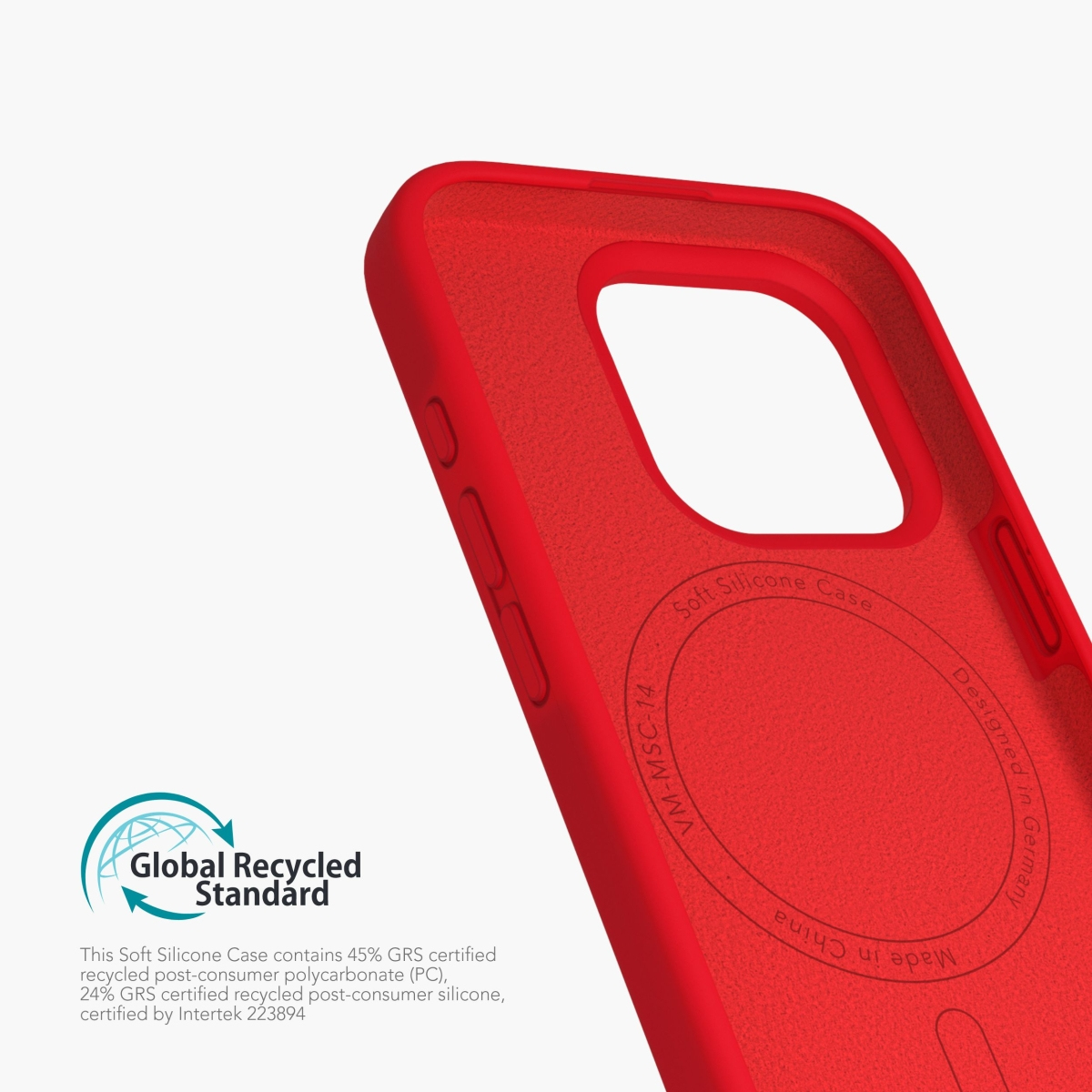 Interno rosso di una custodia iPhone con testo e logo.