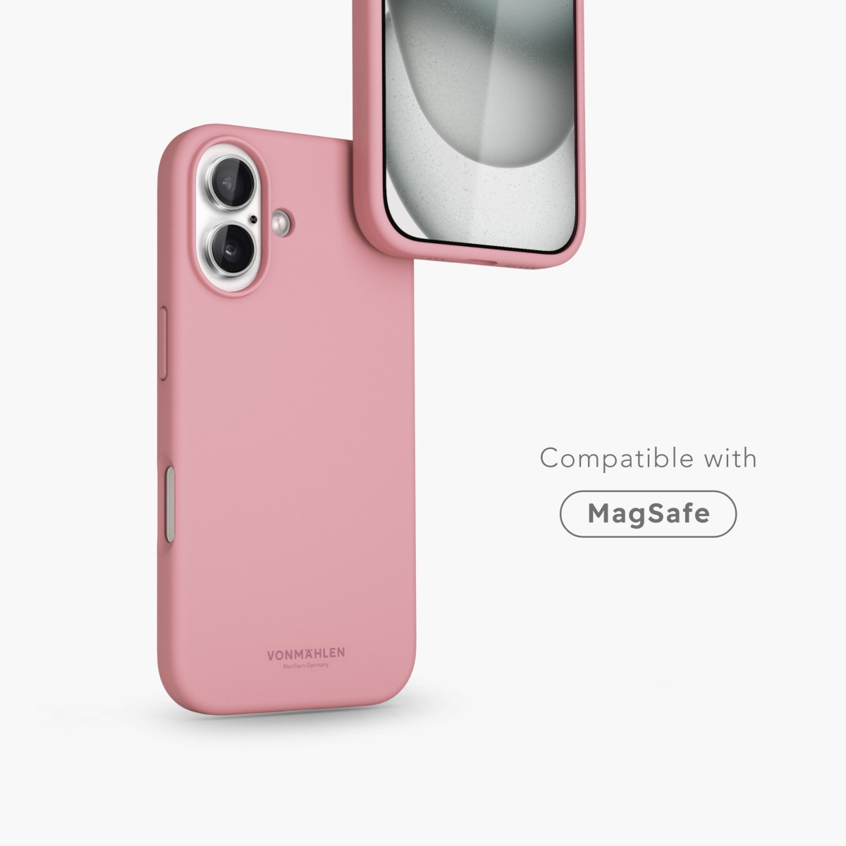 Telefono e custodia rosa, compatibilità MagSafe, sfondo bianco.
