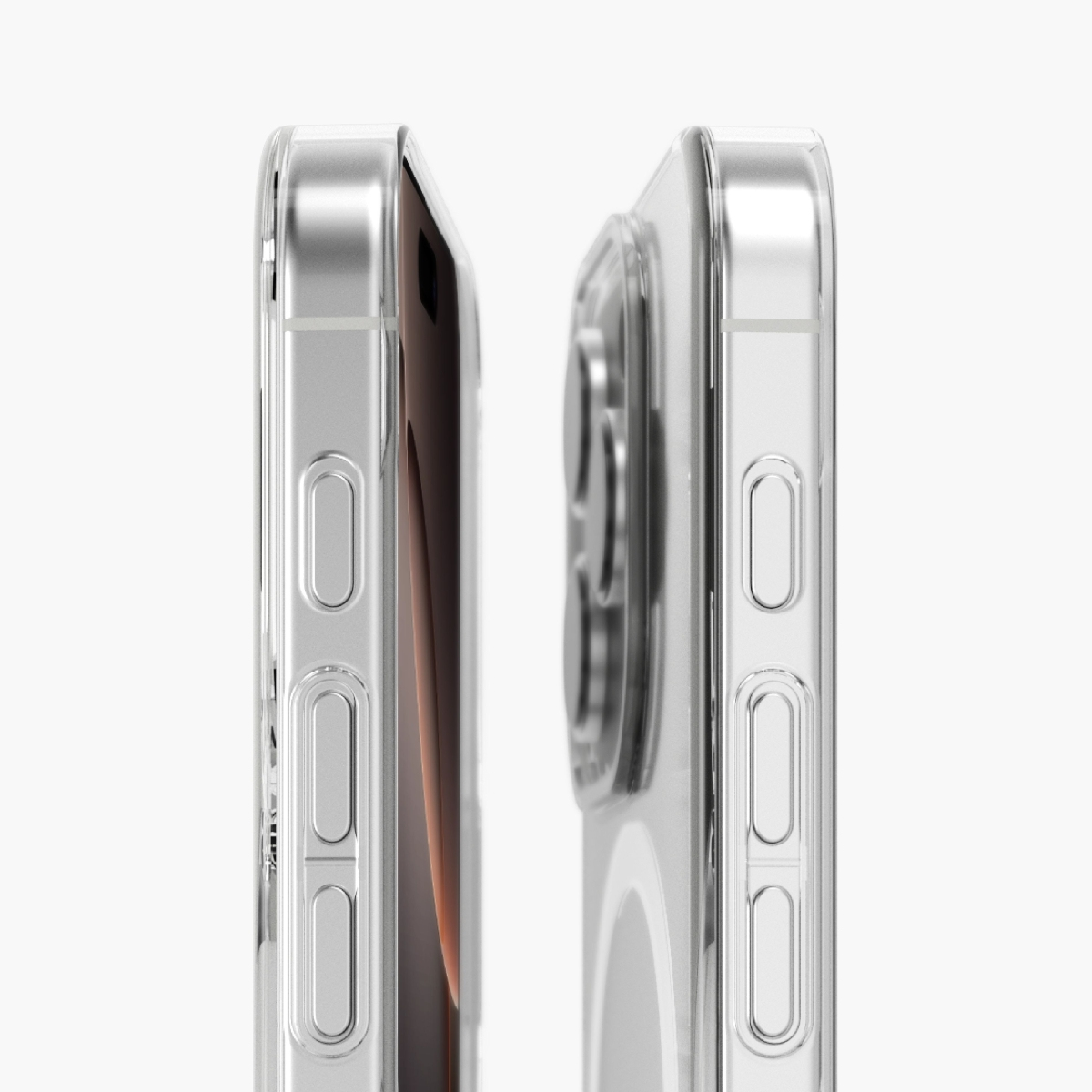 Deux coques de téléphone transparentes côte à côte. Les coques montrent des boutons latéraux.