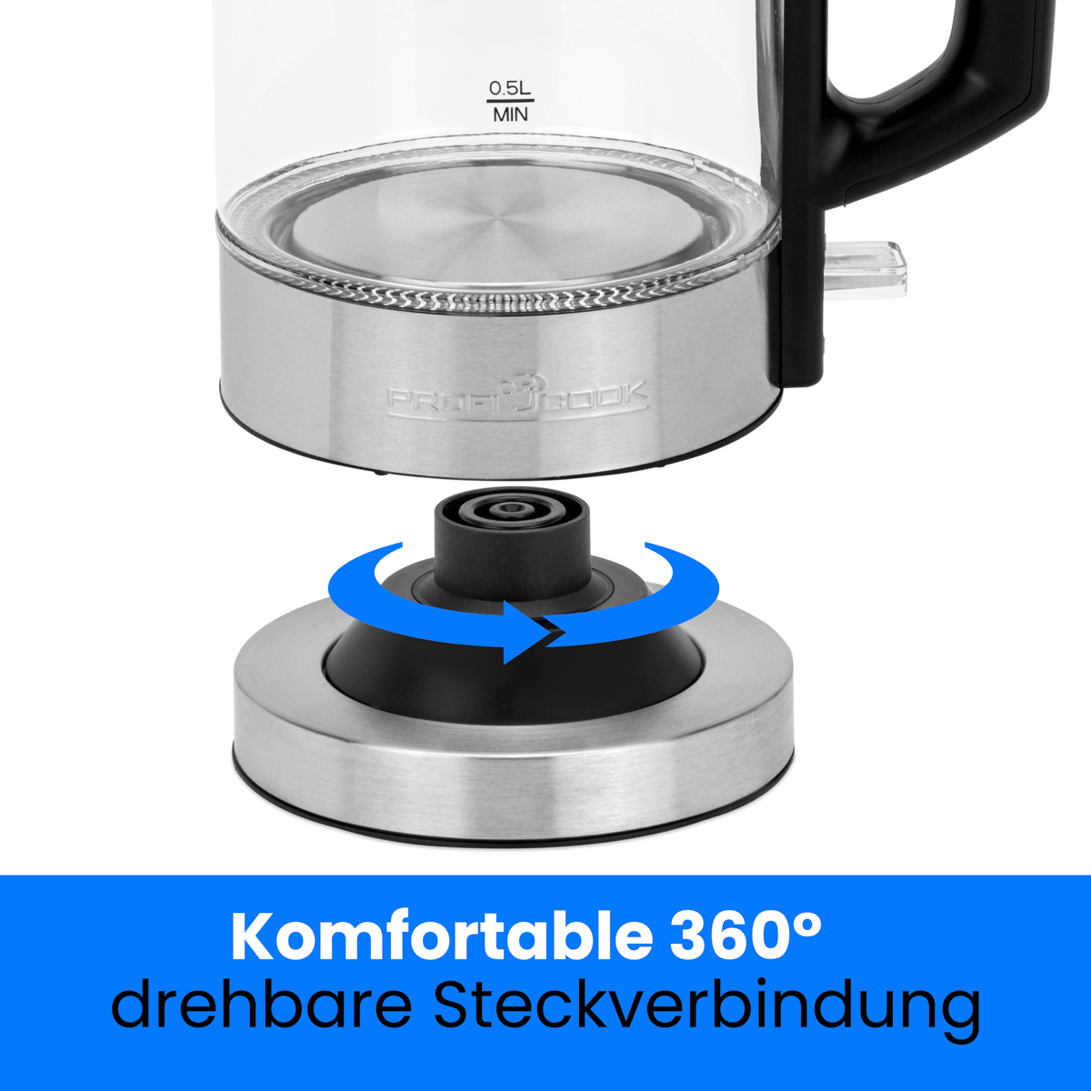 Przezroczysta szklana podstawa czajnika z niebieską strzałką wskazującą funkcję obrotu 360 stopni.