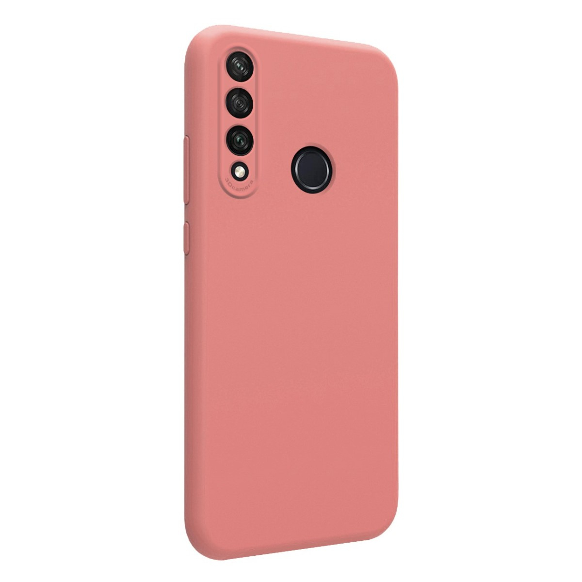 Funda de teléfono rosa con teléfono dentro. La funda tiene un recorte para la cámara y un sensor de huellas dactilares trasero.