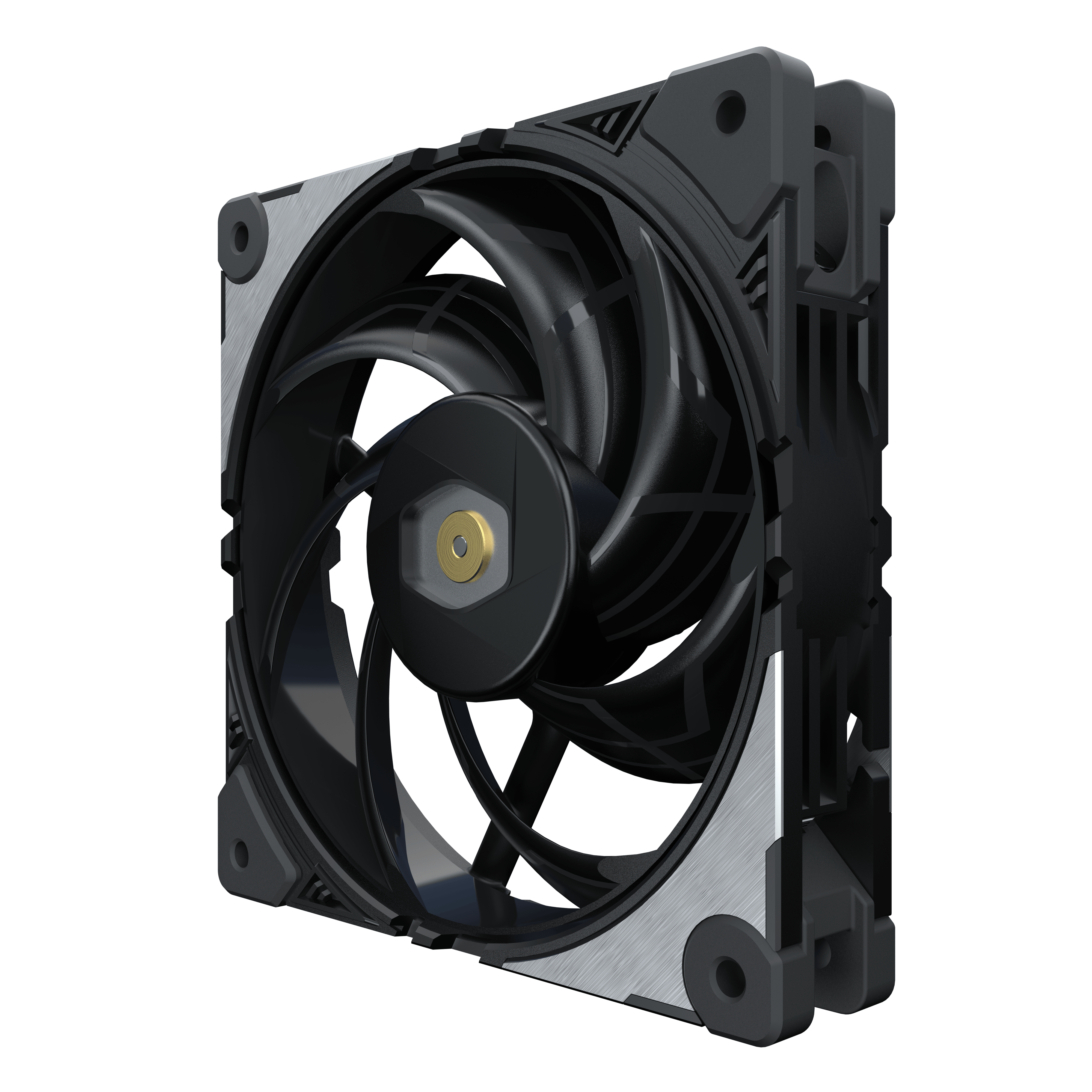 A black computer fan with silver accents. It has multiple blades and a central gold screw.
