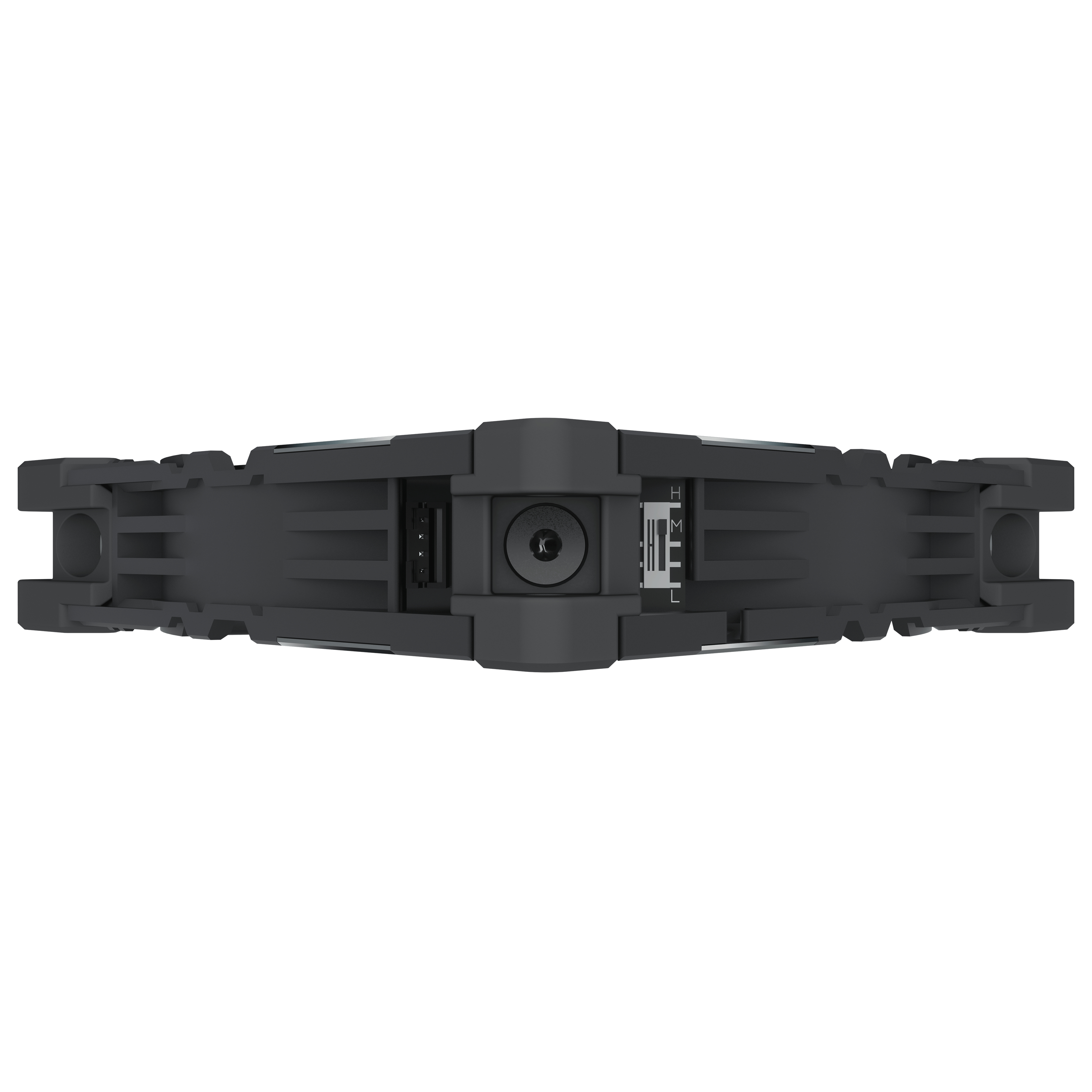 Black device, top view, with ports and a screw.