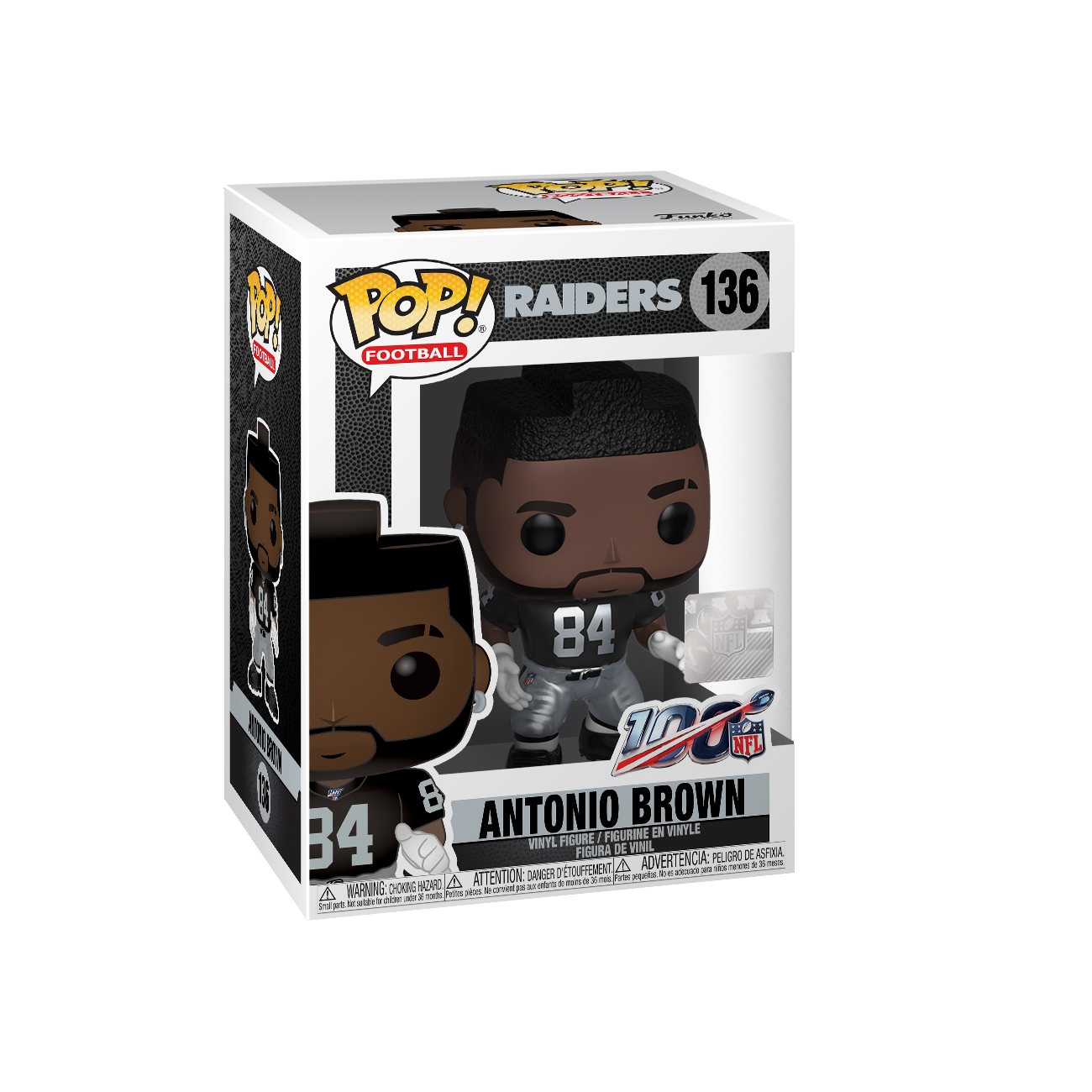 Figura di Antonio Brown Funko Pop in una scatola. La figura indossa una divisa dei Raiders.