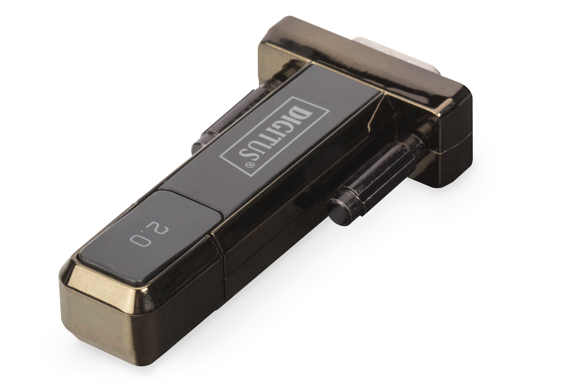 Adattatore USB 2.0 Digitus, nero con finiture dorate e logo Digitus.
