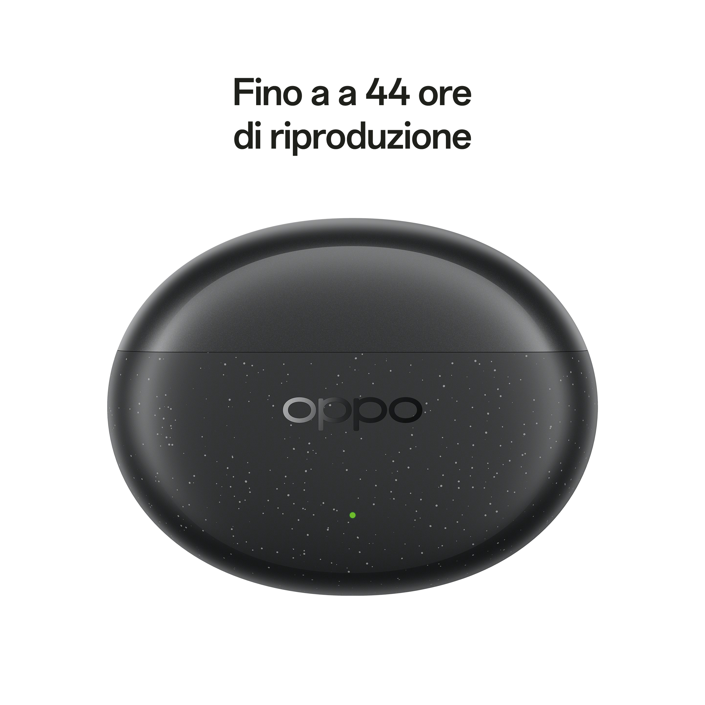 Custodia nera per auricolari Oppo con testo in alto, con puntini bianchi sulla custodia.