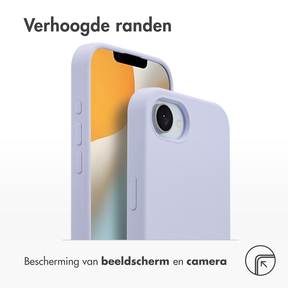 Twee lichtpaarse telefoonhoesjes die rechtop staan, met tekst erboven en eronder.
