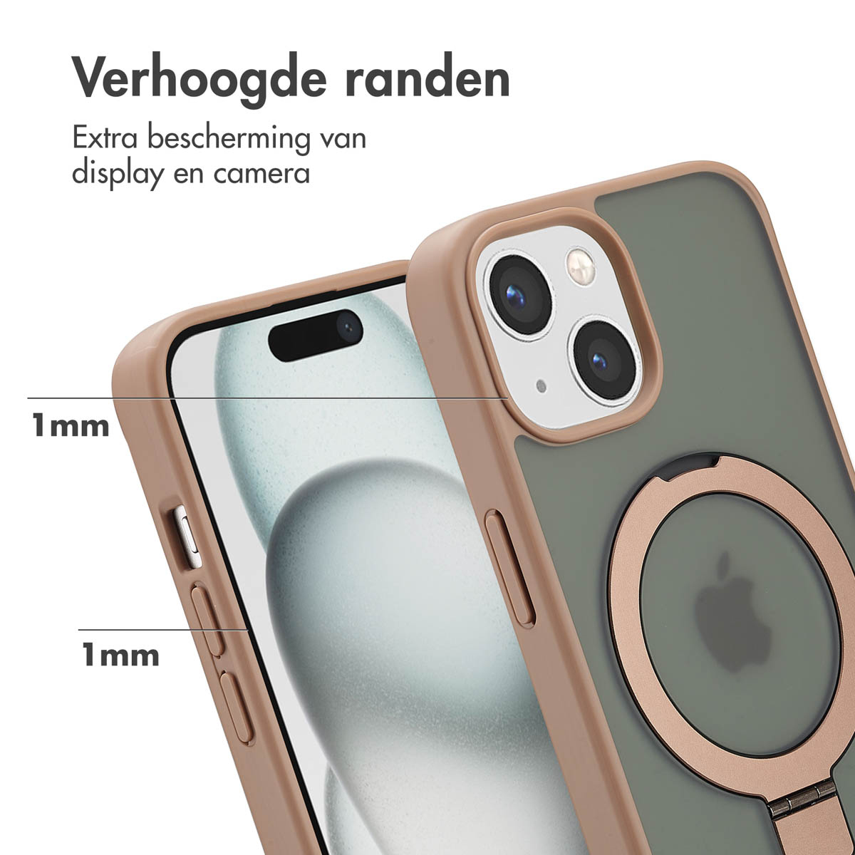Une coque de téléphone avec des bords surélevés est présentée. Le téléphone vert avec un anneau doré est montré sur fond blanc.