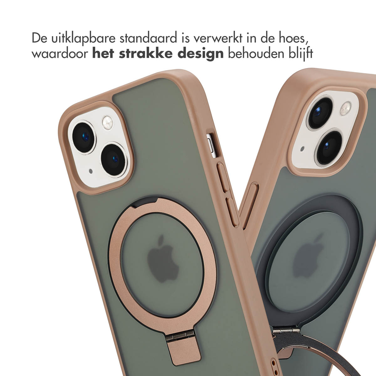 Deux coques de téléphone avec support à anneau. L'une affiche le logo Apple, l'autre l'anneau.