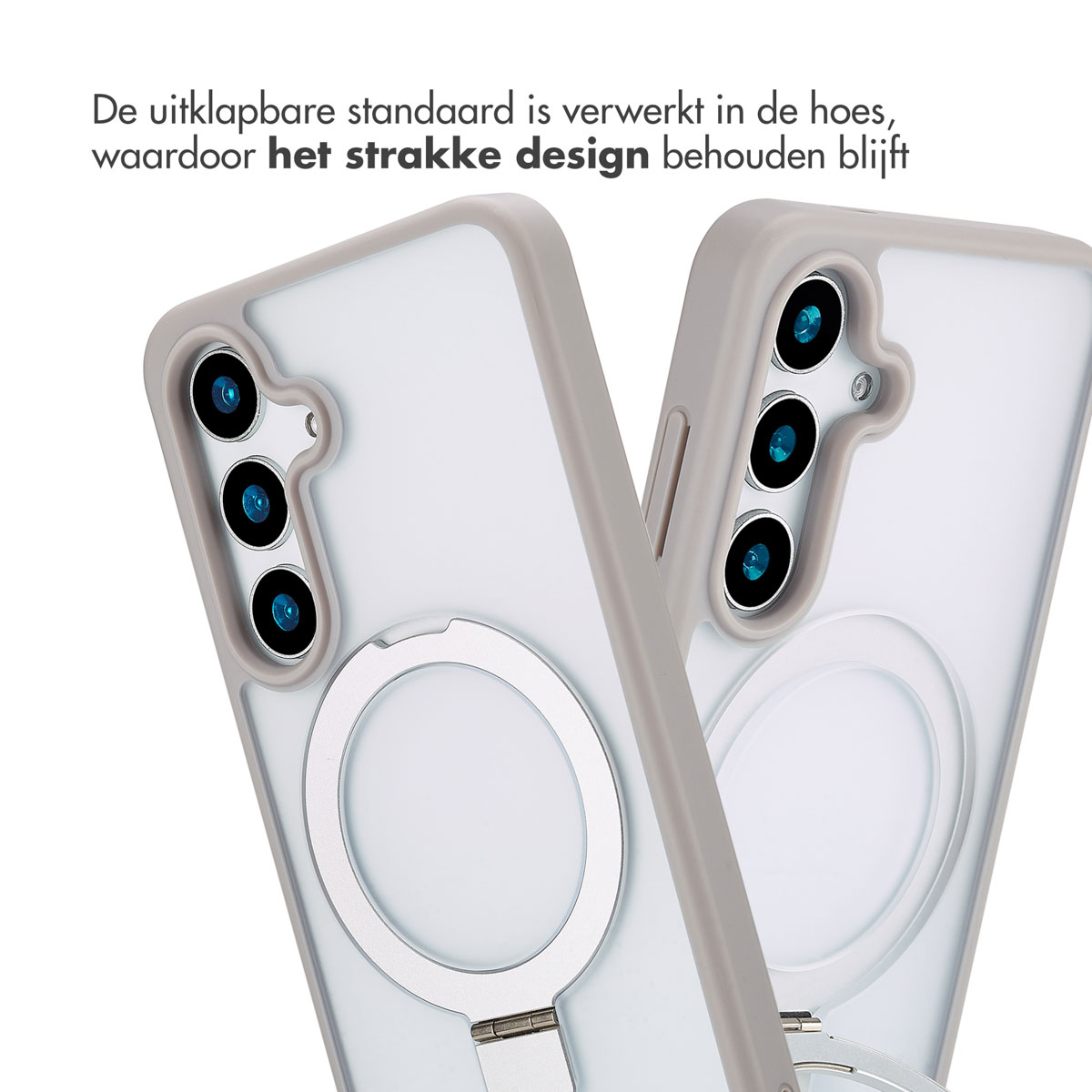 Twee telefoonhoesjes, met camera-uitsparingen en een stand-mechanisme, met tekst erboven.