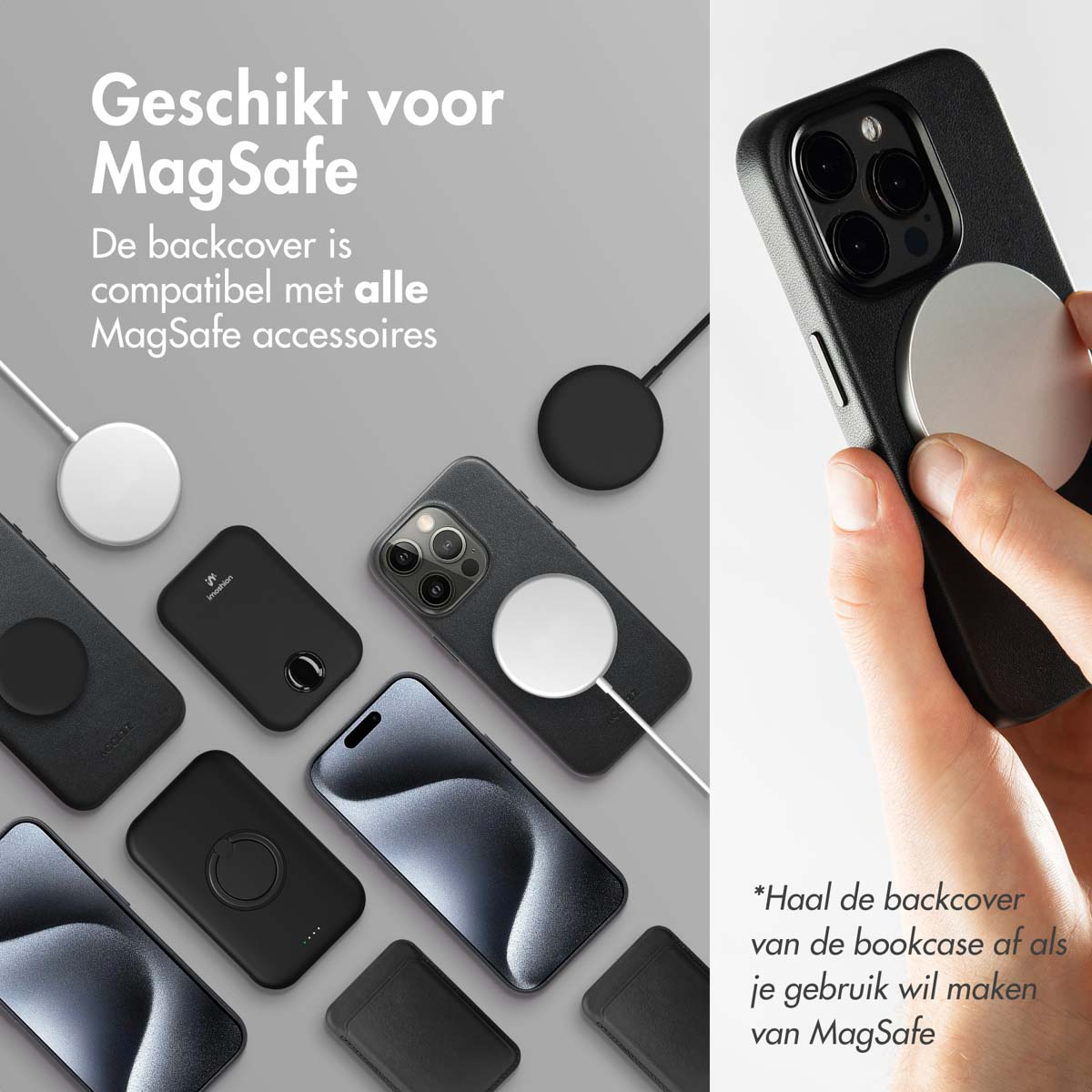 Verschillende telefoonhoesjes en accessoires met een witte magnetische oplader op een grijs oppervlak.