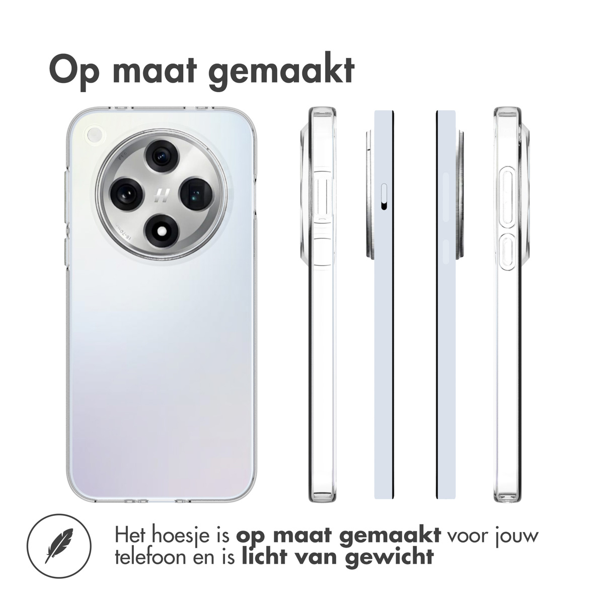 Coque de téléphone avec plusieurs vues, texte en néerlandais et icône de plume sur blanc.