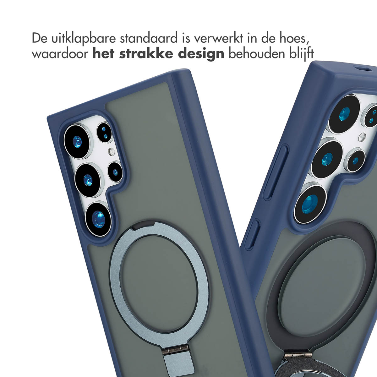 Zwei Handyhüllen mit Ringständer, blauem Rahmen und grauem Innenraum und weißem Hintergrund.
