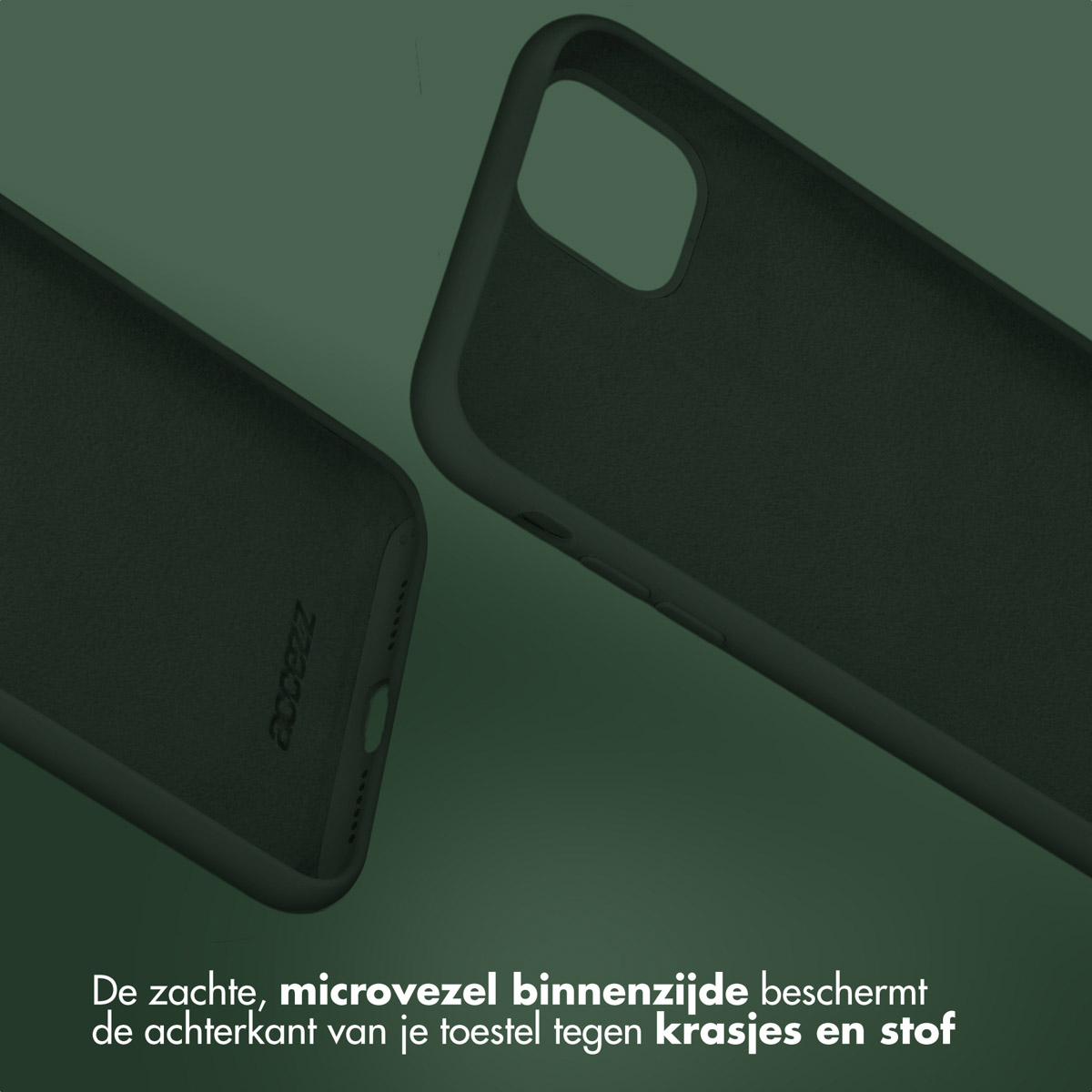 Zwei dunkelgrüne Handyhüllen, eine offen, mit Textüberlagerung. Die Hüllen befinden sich auf dunklem Hintergrund.
