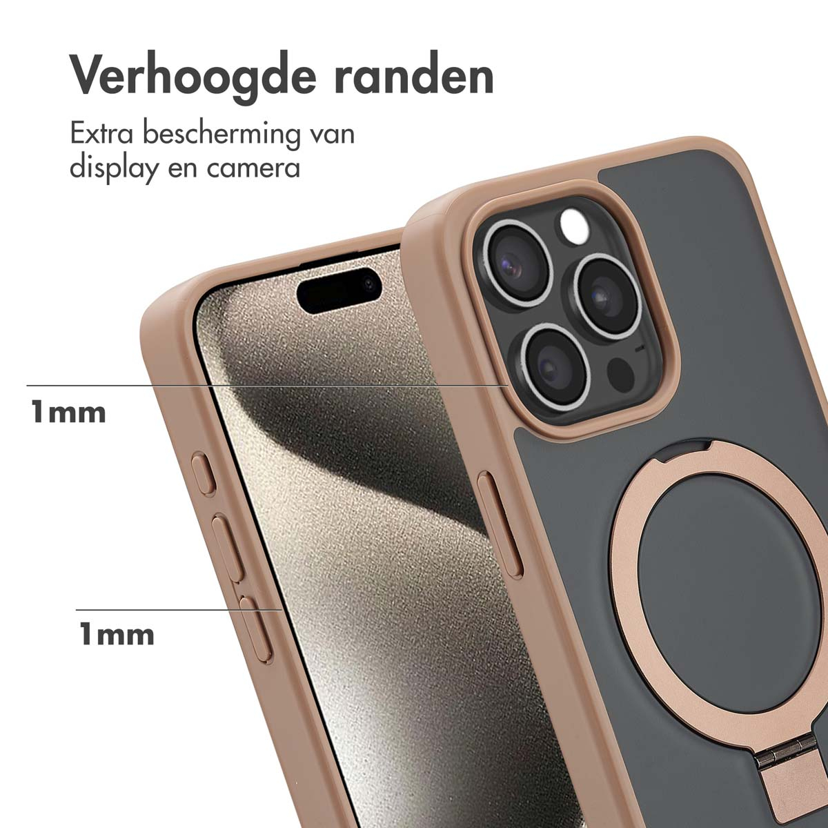 Primo piano di una custodia per telefono con supporto ad anello e protezione fotocamera. La custodia è grigia e pesca.