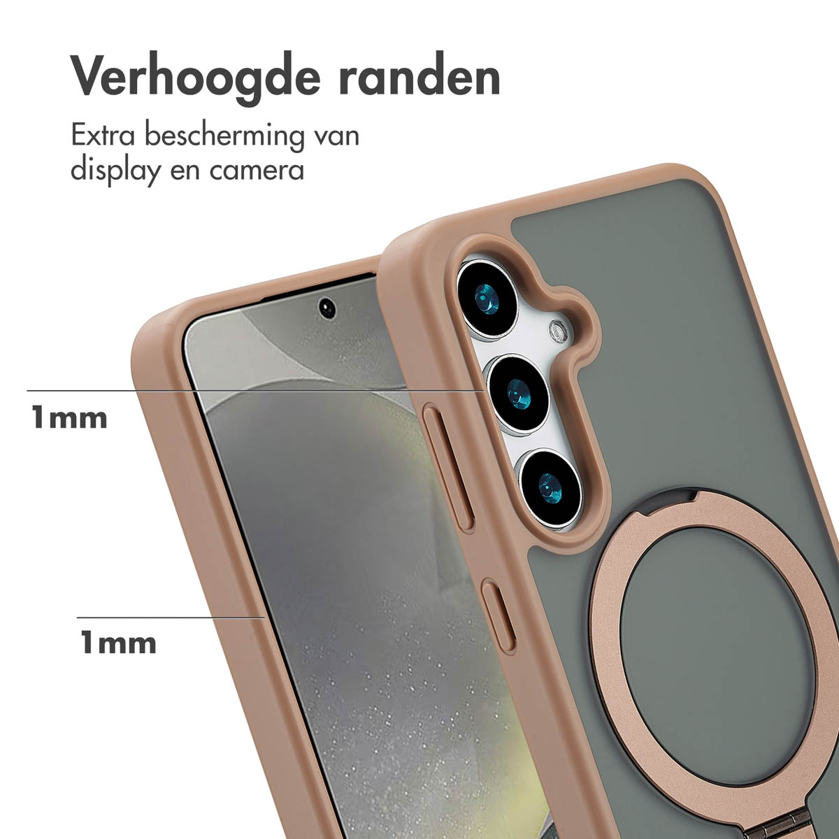 Coque avec anneau, montrant écran et caméra. Séparation de 1mm de l'écran.