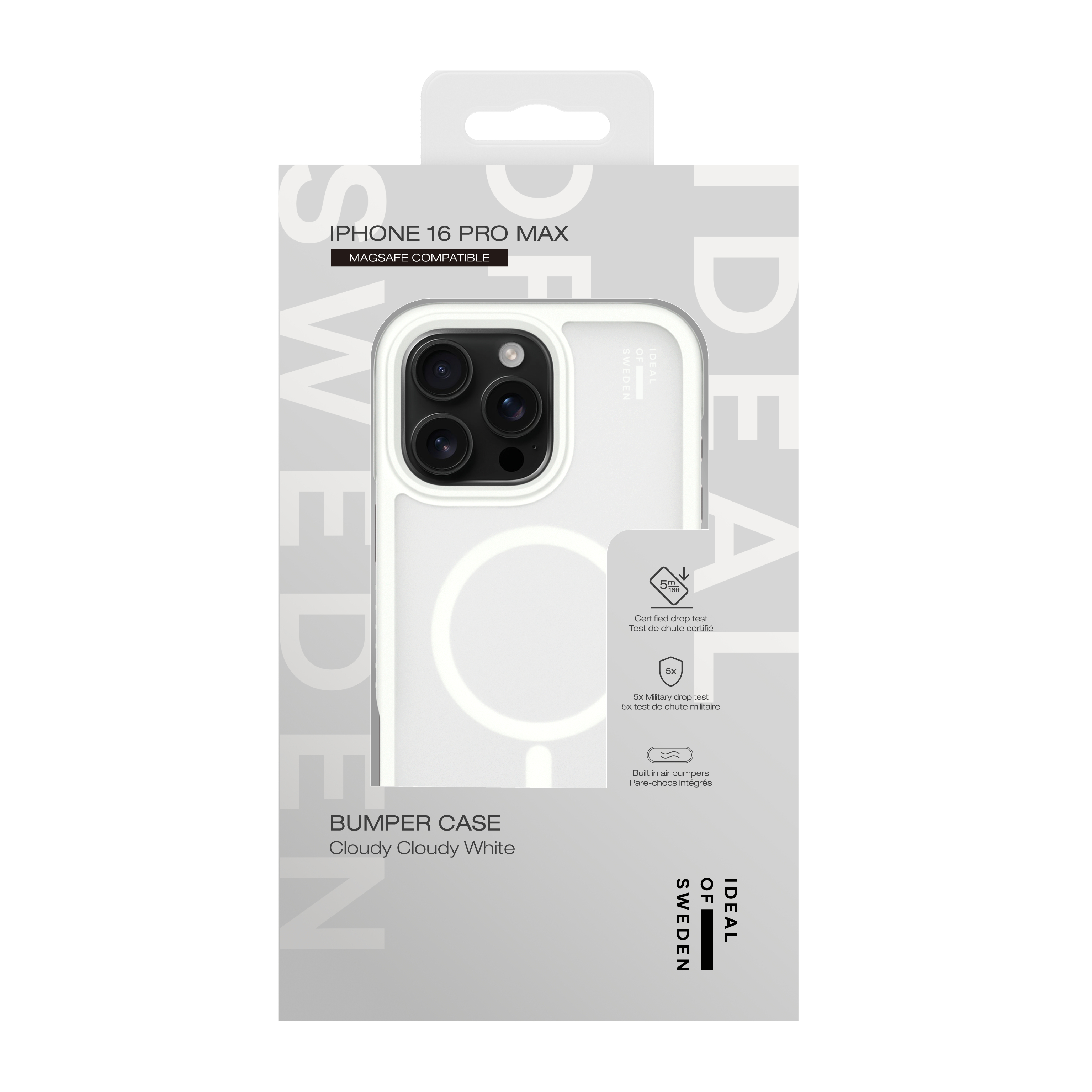 Handyhüllenverpackung, weiß mit Telefon, zeigt transparente Hülle, auf weißem Hintergrund.