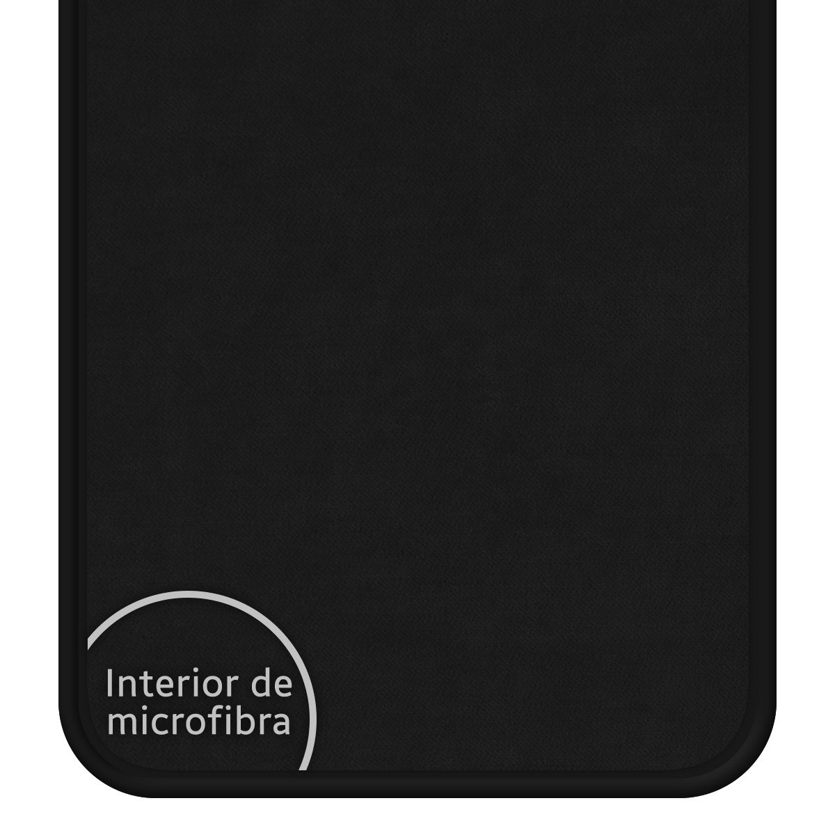 Interno in microfibra nera di una custodia per telefono con un'etichetta di testo circolare bianca 'Interno in microfibra'.