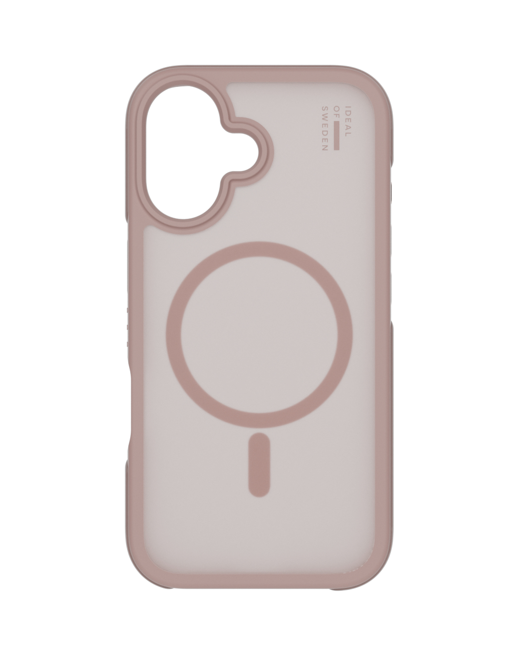 Eine transparente Handyhülle mit rosa Rand, kreisförmigem Magnetdesign und Markenlogo.