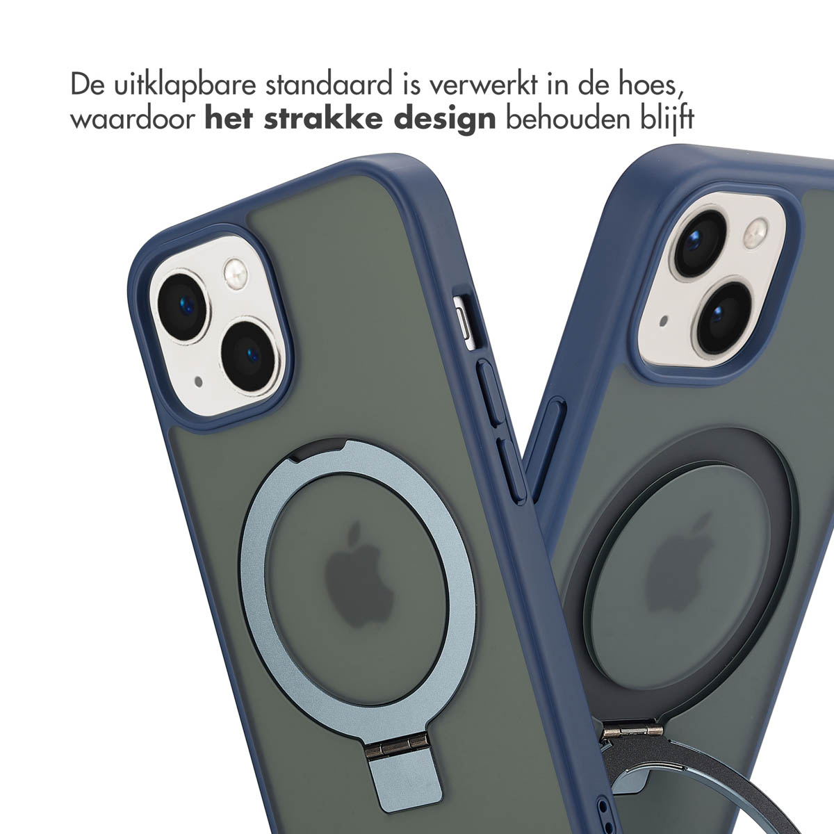 Twee telefoonhoesjes, één met ringstandaard, blauwe accenten en Apple-logo op witte achtergrond.