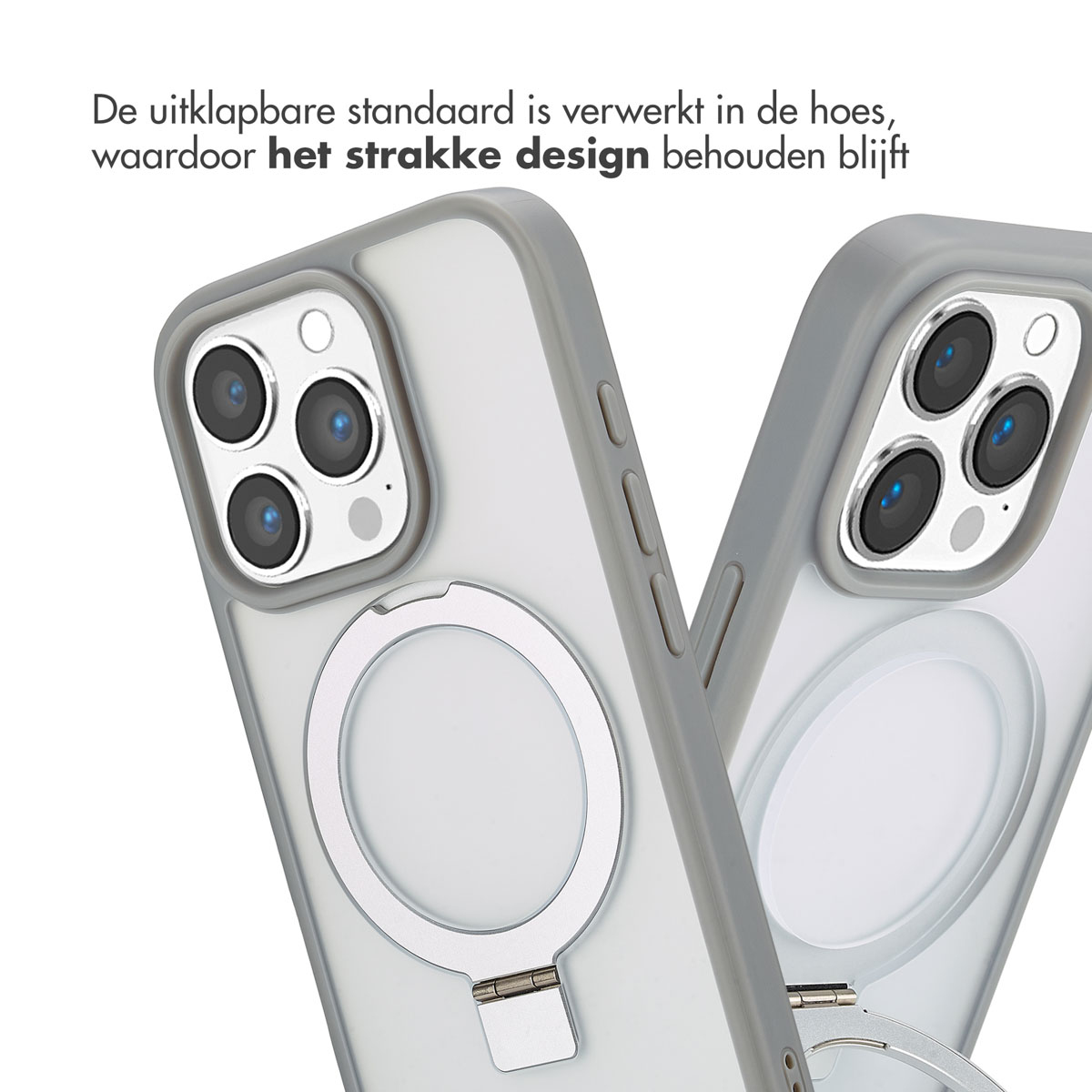 Deux téléphones avec des étuis montrant un support d'anneau. Le texte est en néerlandais.