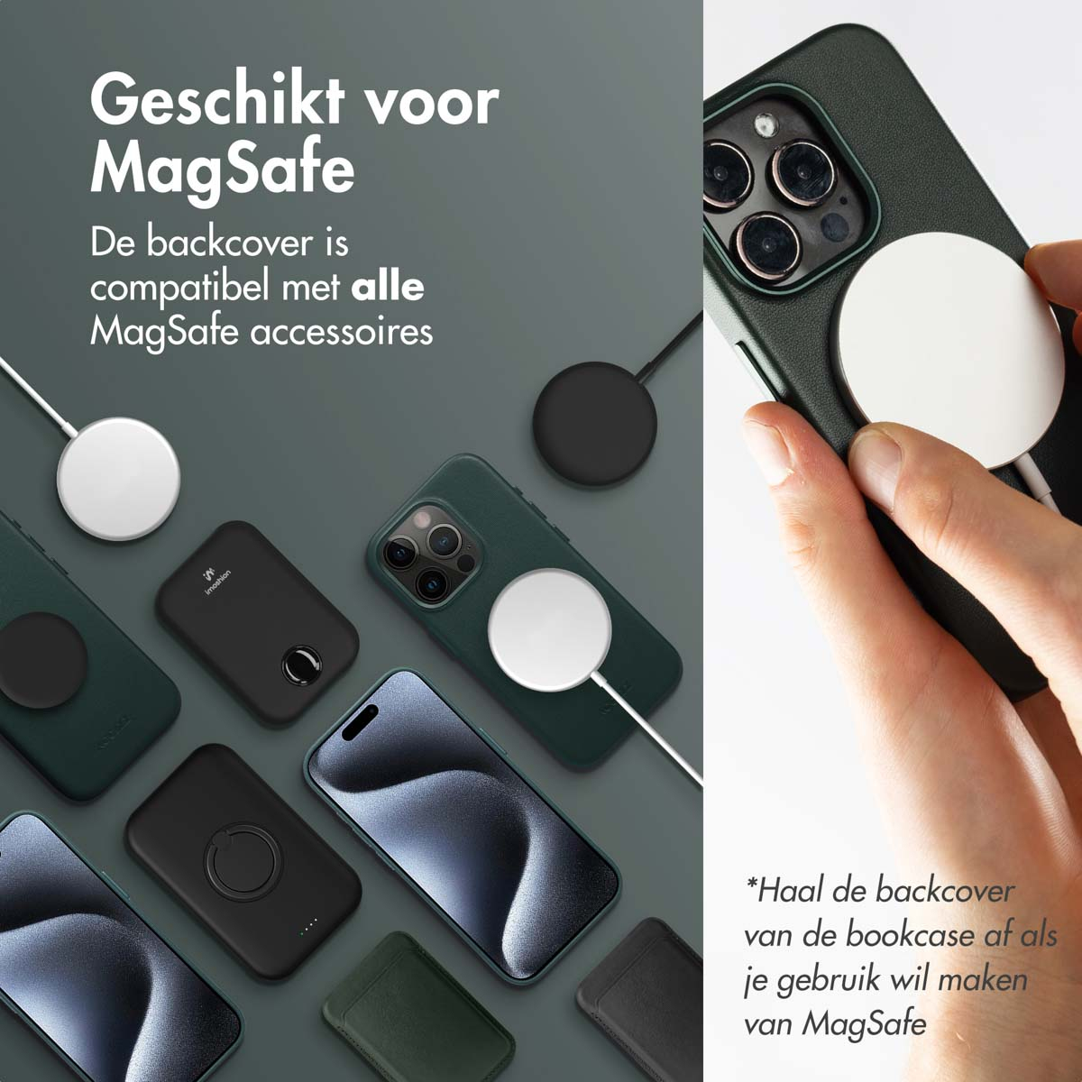 Telefoon met een witte magnetische cirkel. Verschillende andere accessoires en telefoons staan op de achtergrond.