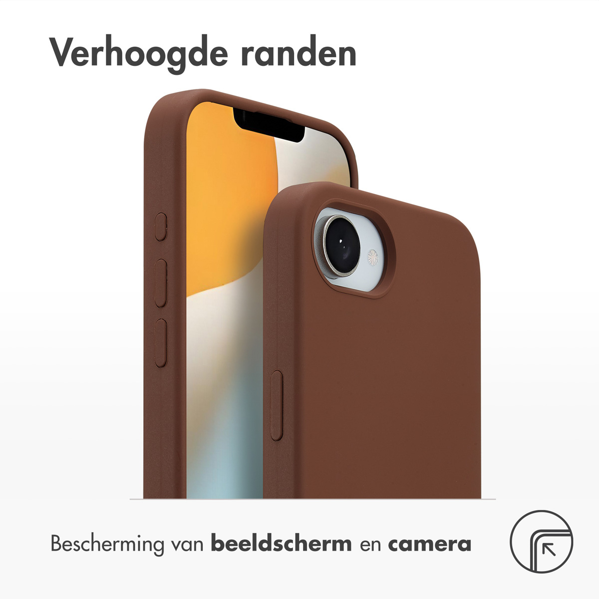 Deux coques de téléphone, marron, avec du texte. Texte en néerlandais.