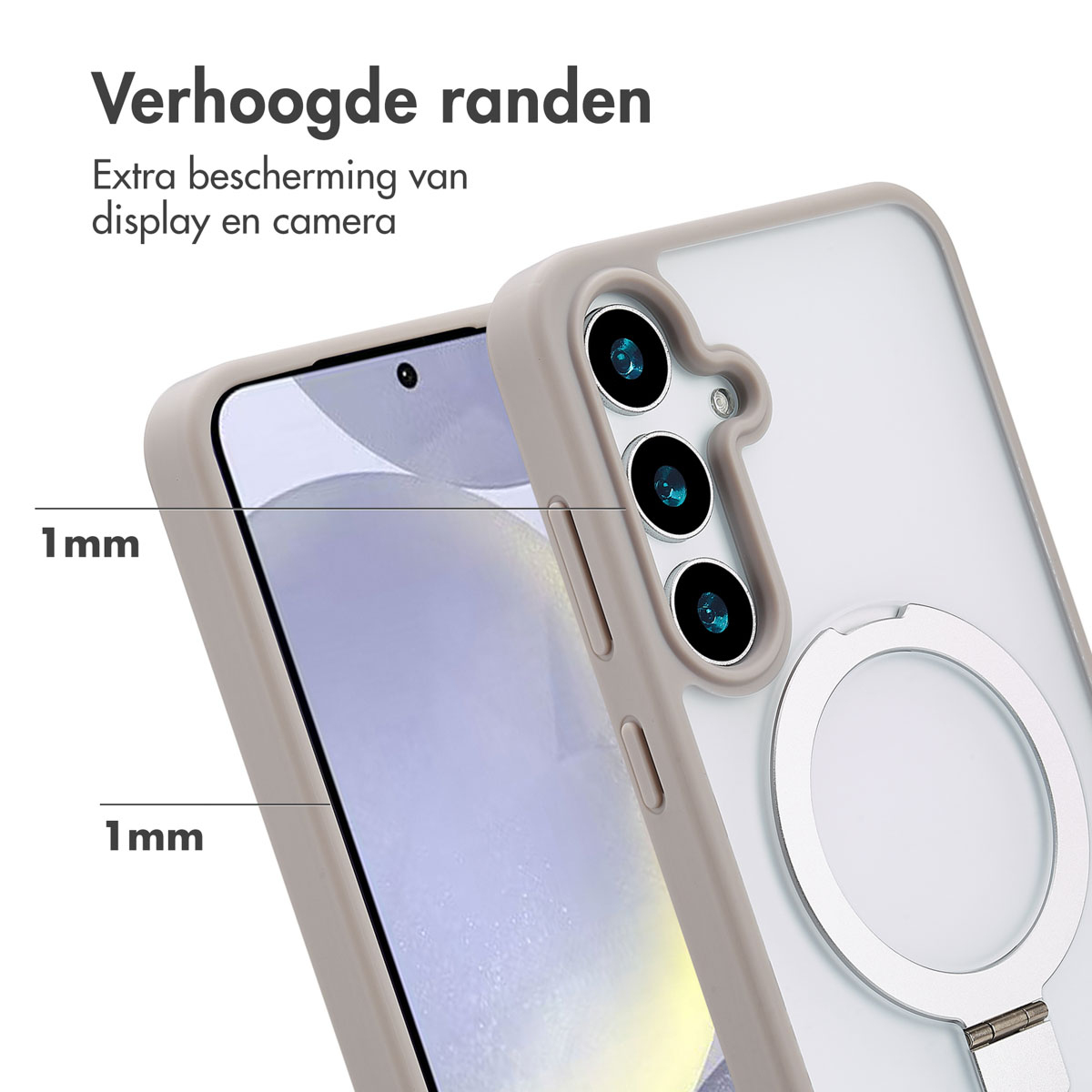 Coque de téléphone. Montre l'appareil photo et l'écran. Texte : Bords surélevés 1 mm. Anneau de maintien.