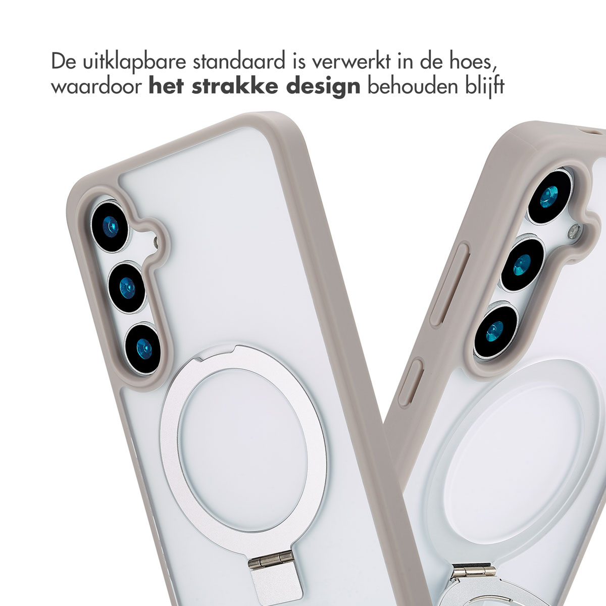 Deux coques de téléphone, une avec anneau, sur fond blanc, présentant le design fin.