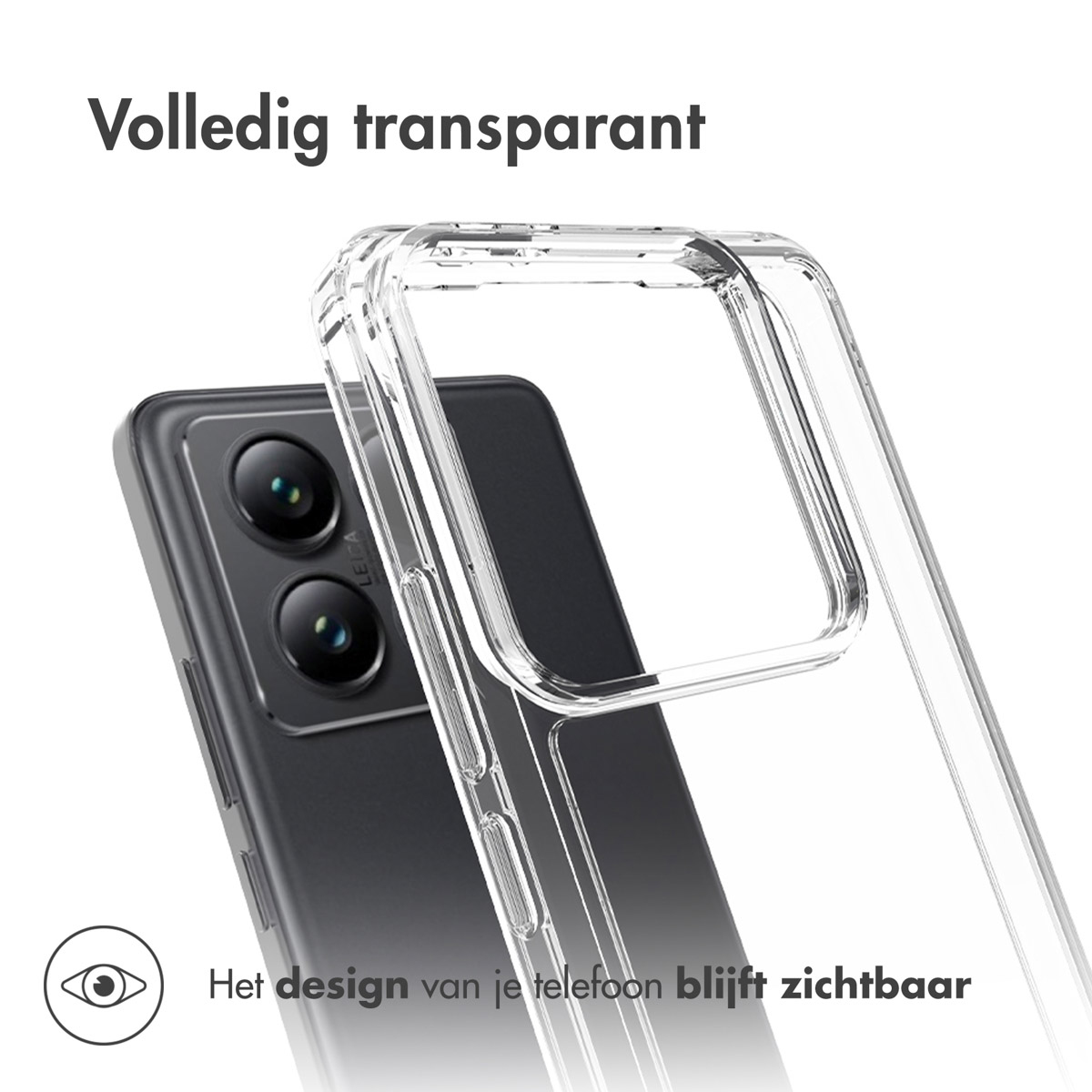 Coque transparente avec un téléphone à l'intérieur. Le texte dit, le design de votre téléphone reste visible.