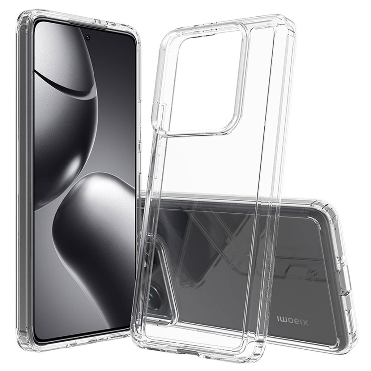 Coques de téléphone transparentes sur fond blanc, une avec téléphone, l'autre vide.