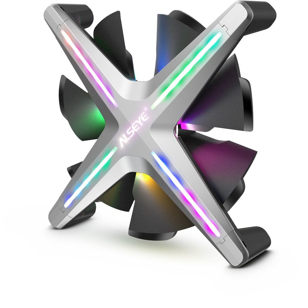 Ein Computerlüfter mit bunten Lichtern. Die Lichter umgeben eine silberne X-Form.