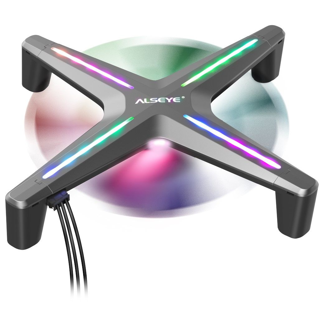 Kreuzförmiger Kühler mit LED-Leuchten und Lüfterflügeln. Das Logo 'ALSEYE' ist sichtbar.