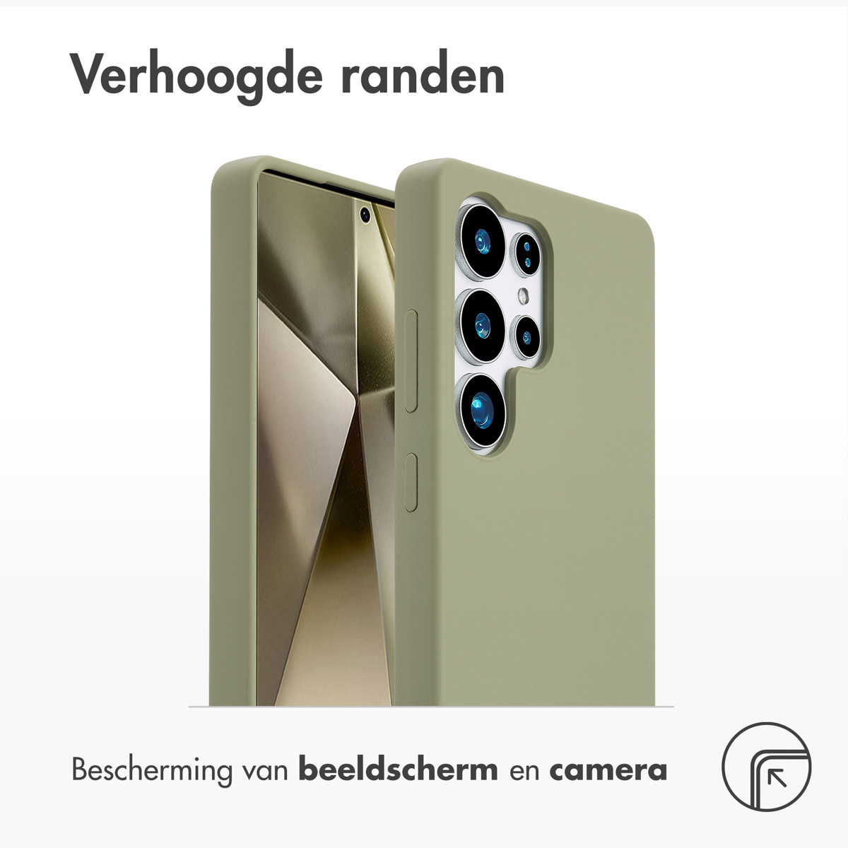 Un teléfono con una funda verde, con el texto 'Verhoogde randen'.