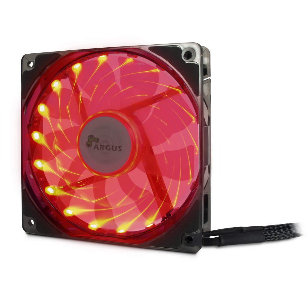 Wentylator do komputera z czerwonymi łopatkami i ramą. Czarny kabel zasilający. Logo Argus.