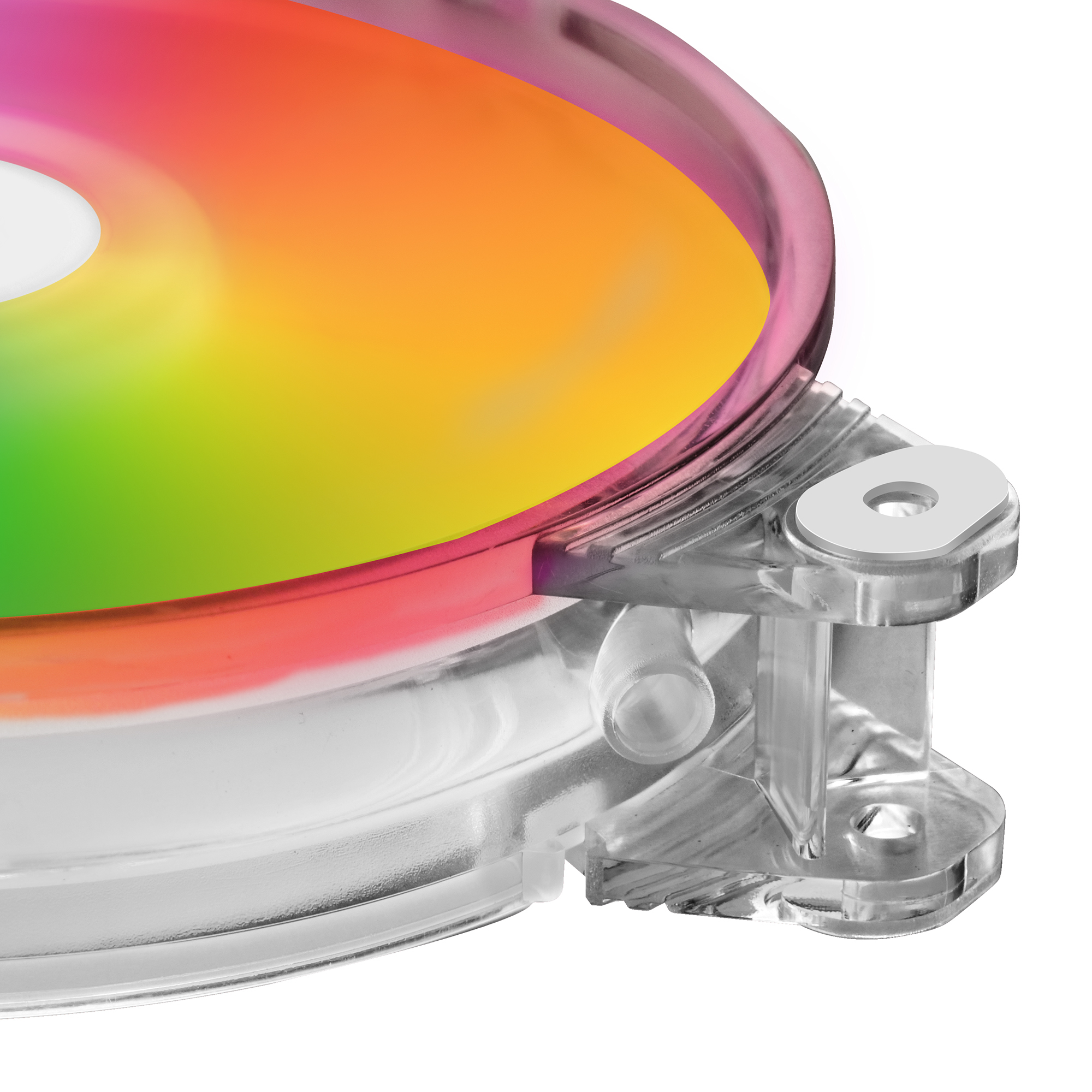 Wentylator komputerowy z przezroczystą ramą i kolorowymi światłami. Światła są w gradientach kolorów.