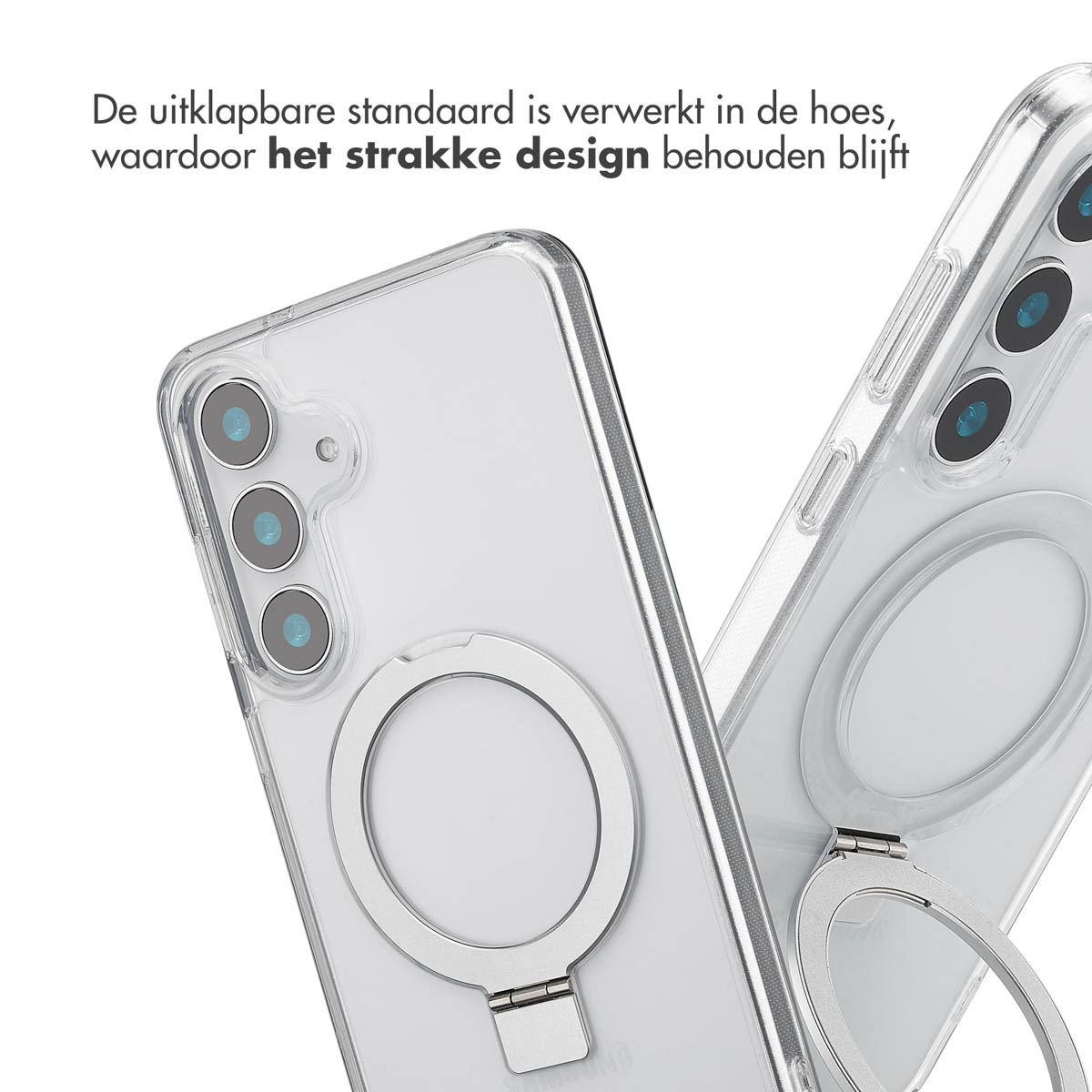 Coque de téléphone transparente, design montré. Texte : Support pliable dans le coin.