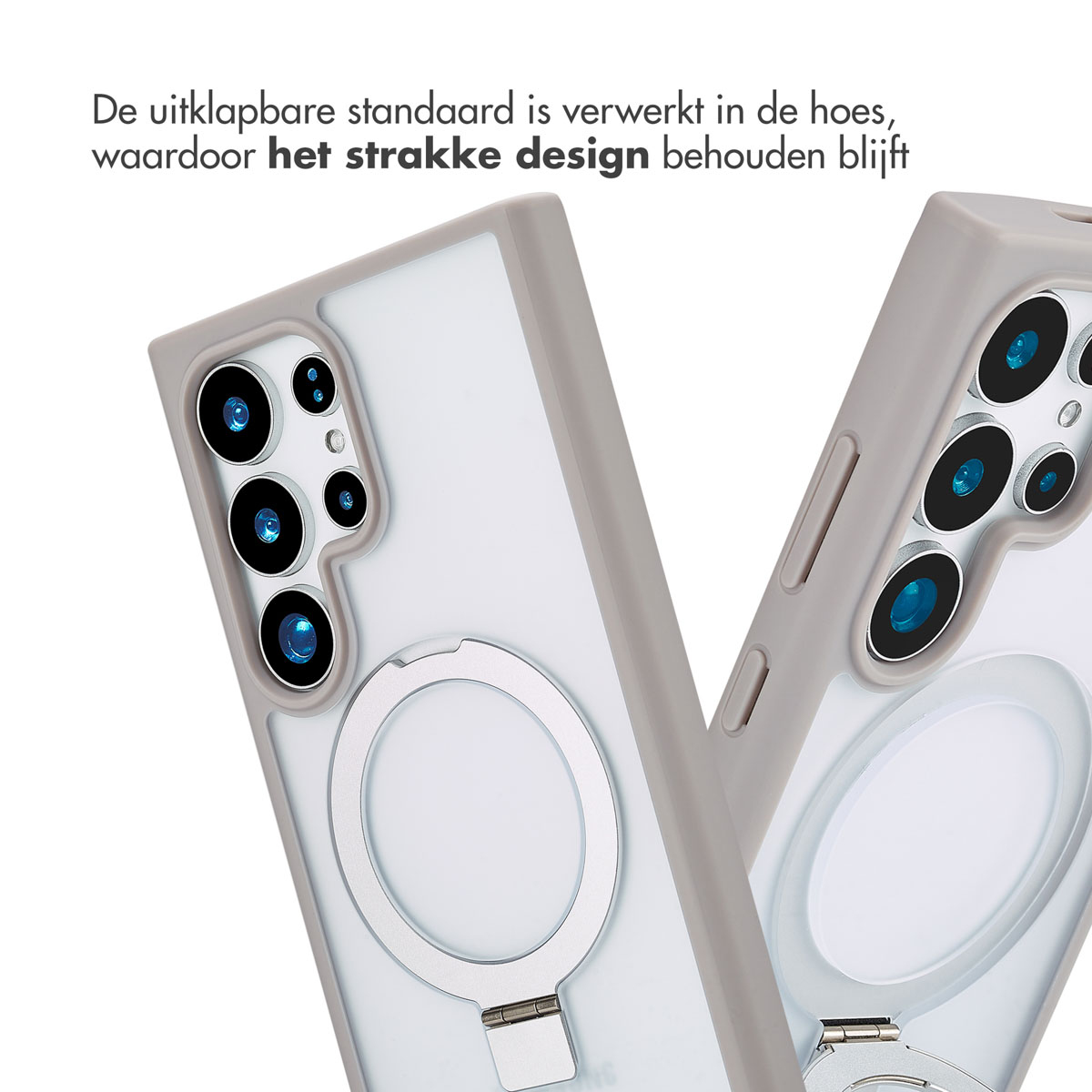 Zwei Handyhüllen mit Ringhaltern, die Design und Kameradetails zeigen.