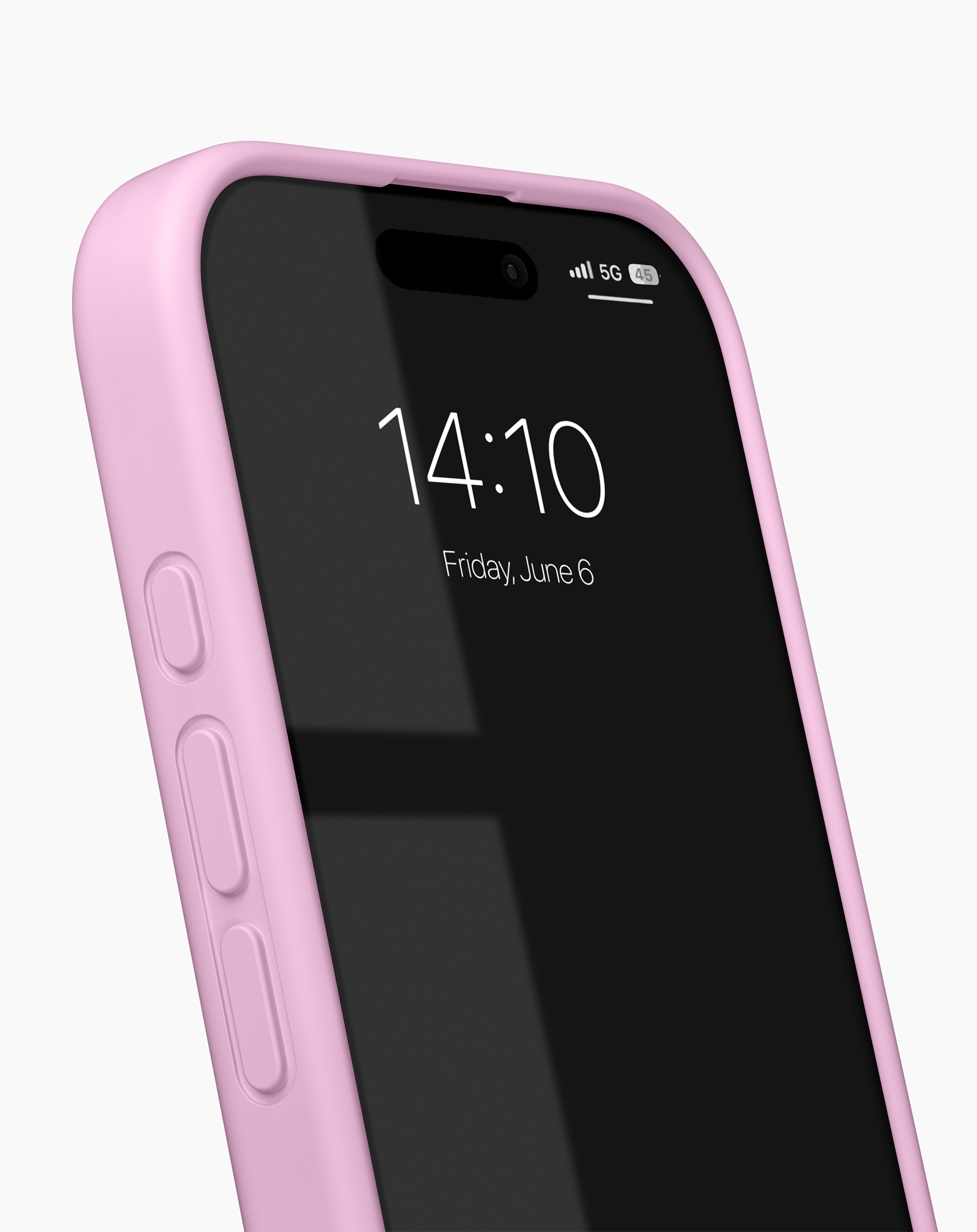 Ein rosa Telefon in rosa Hülle, Bildschirm zeigt Zeit und Datum. Akkuanzeige sichtbar.