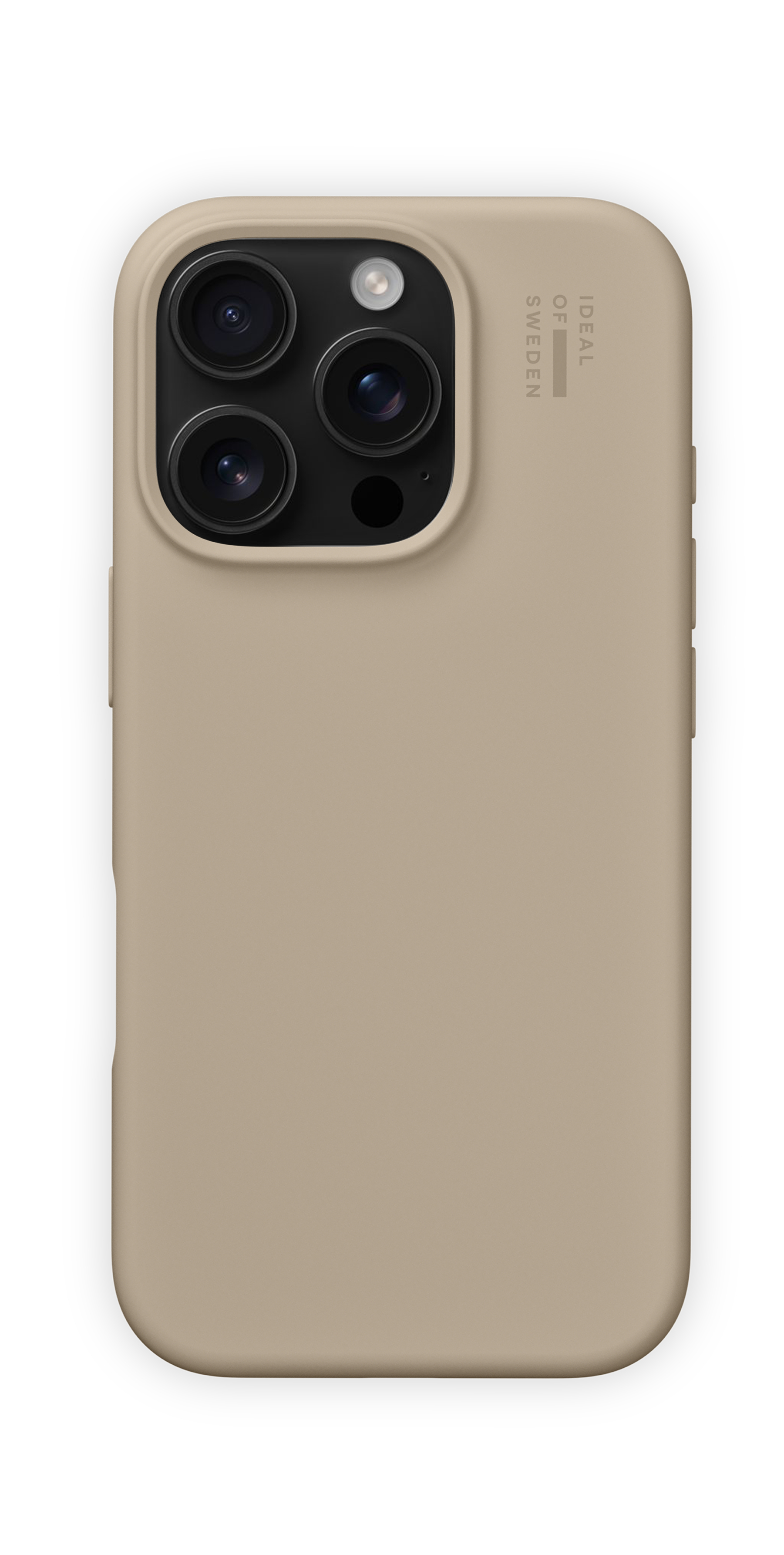 Eine hellbraune Handyhülle für ein Smartphone mit drei Kameralinsen und einem Blitz.