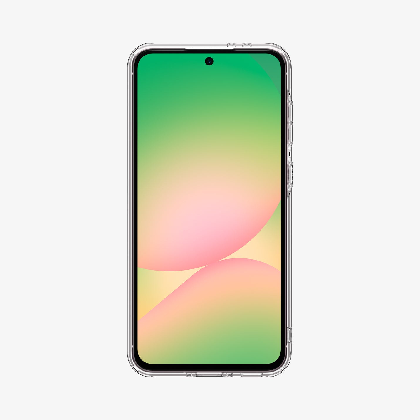 Un telefono con custodia trasparente e sfondo colorato.