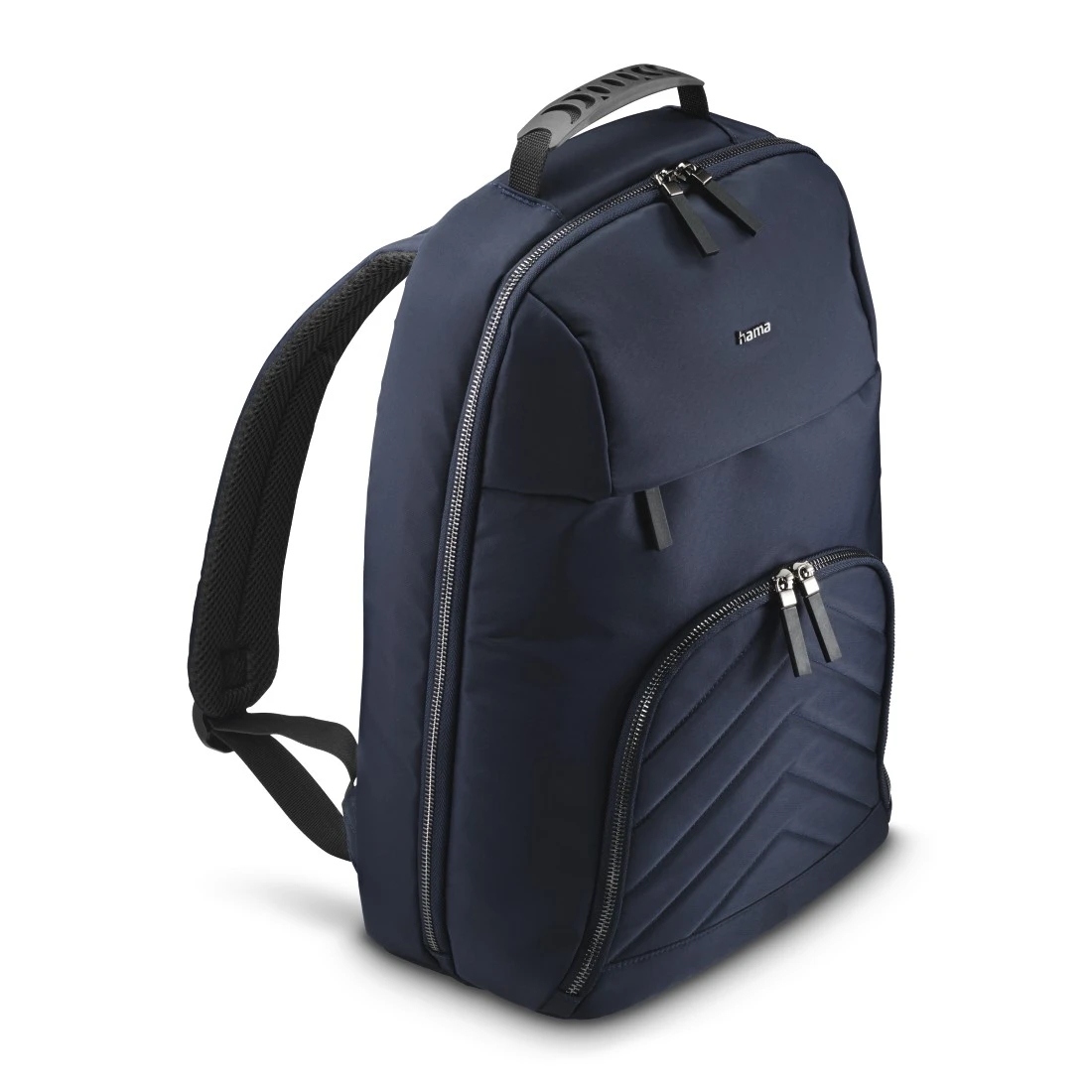 Mochila azul oscuro sobre fondo blanco. La mochila tiene asa y cremalleras.