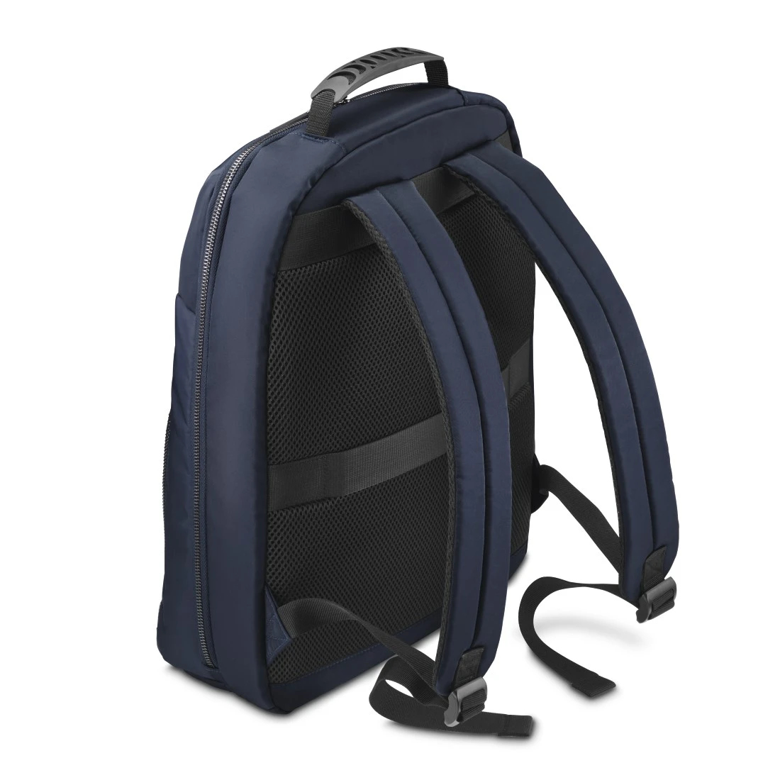 Mochila azul marino desde un ángulo alto con el lateral y la parte trasera visibles.