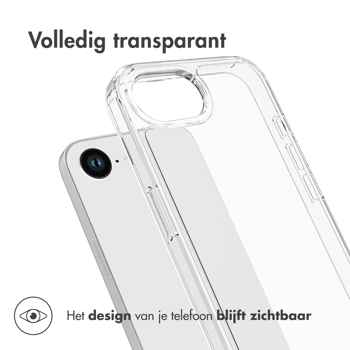 Coque transparente avec un téléphone à l'intérieur, fond blanc.
