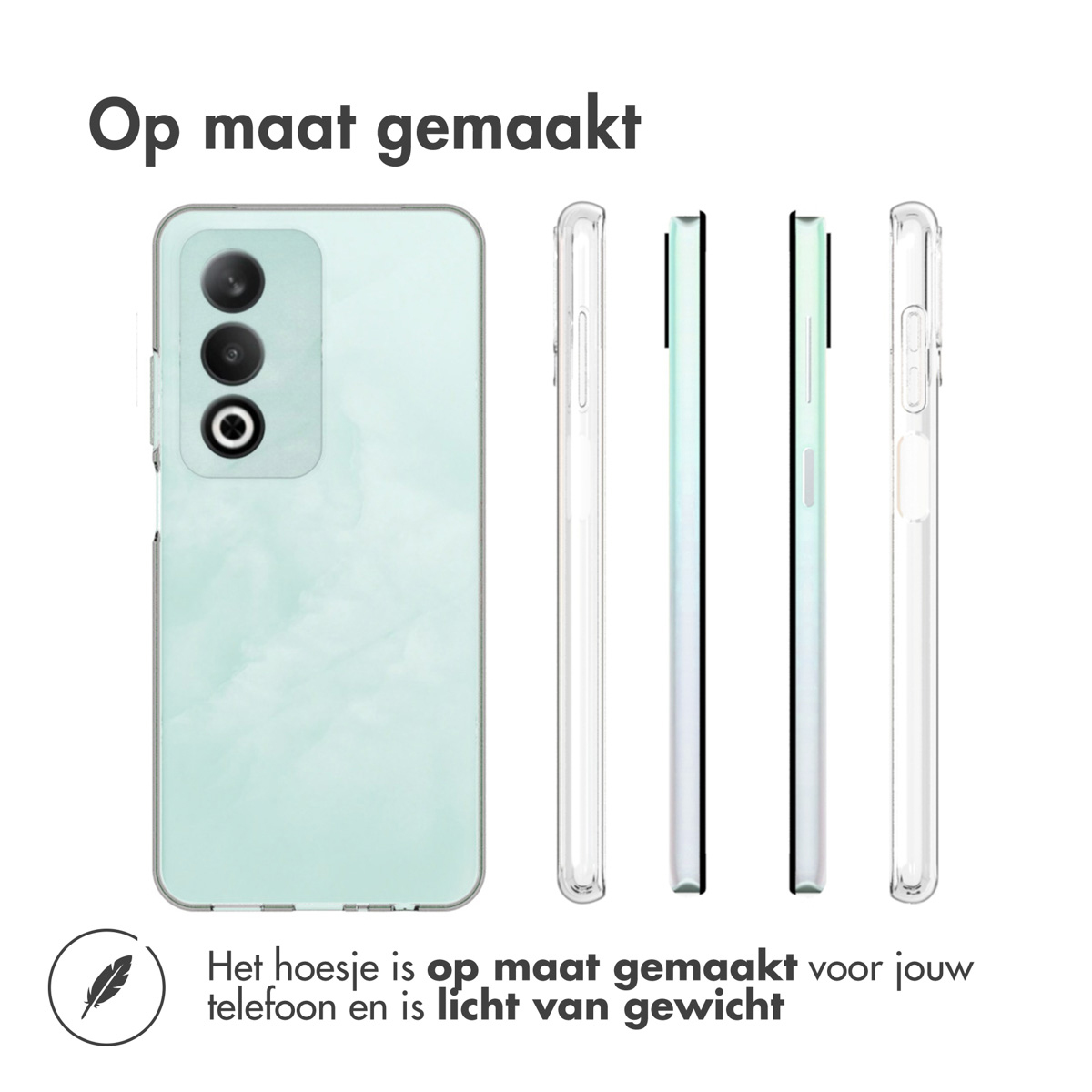 Custodie per telefono in diverse angolazioni, con un telefono verde chiaro.