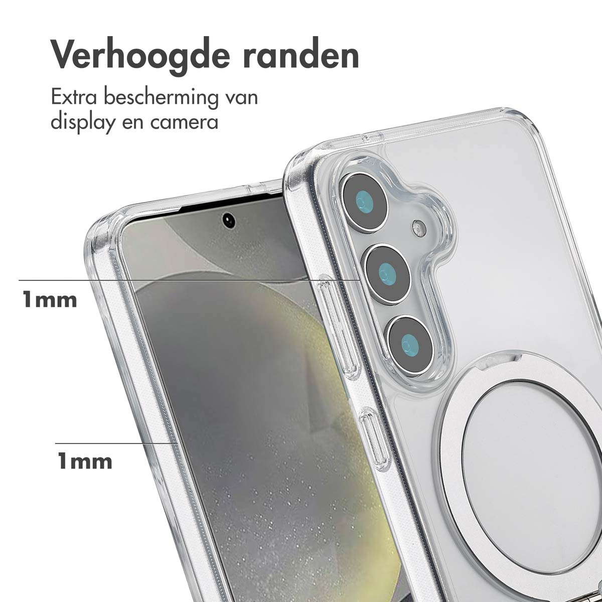 Transparante telefoonhoes met verhoogde randen, toont scherm- en camerabescherming.