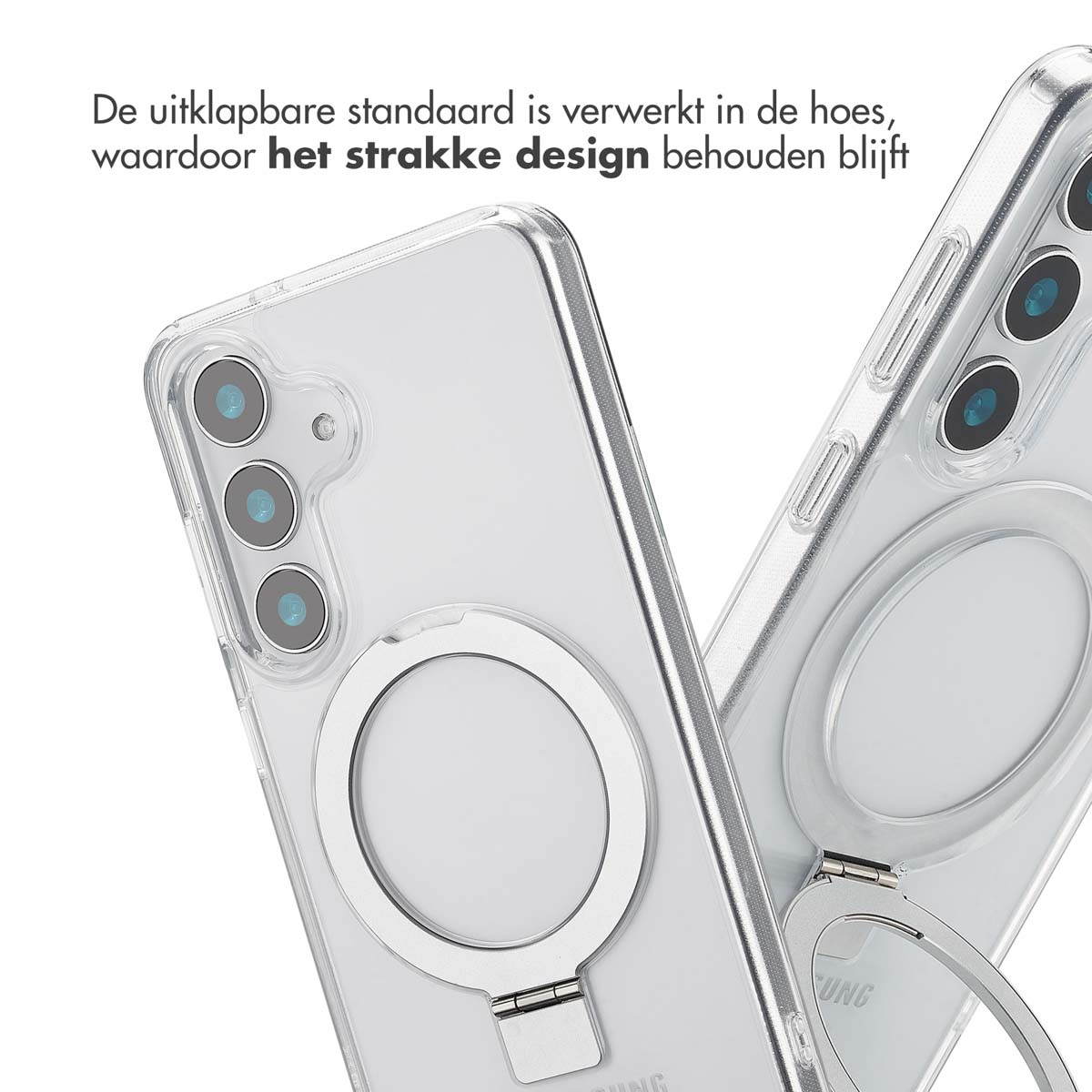 Transparante telefoonhoesjes met zilveren ringstandaards. Eén open, één dicht.