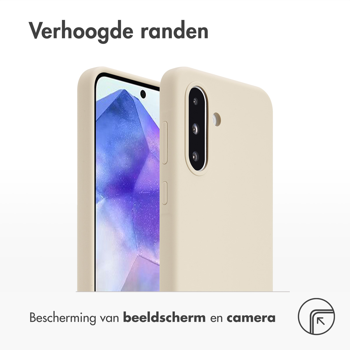 Een beige telefoonhoes met opstaande randen voor scherm- en camerabescherming wordt weergegeven.