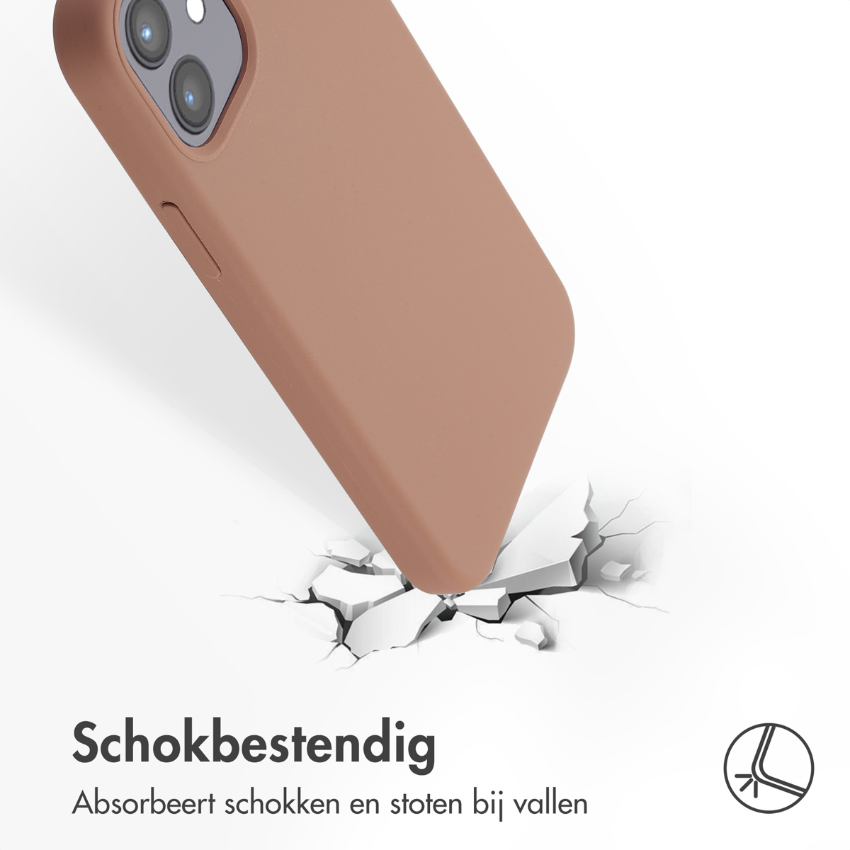 Een telefoonhoesje is gekanteld, de telefoonhoes is bruin. Witte achtergrond, gebarsten grond effect eronder.